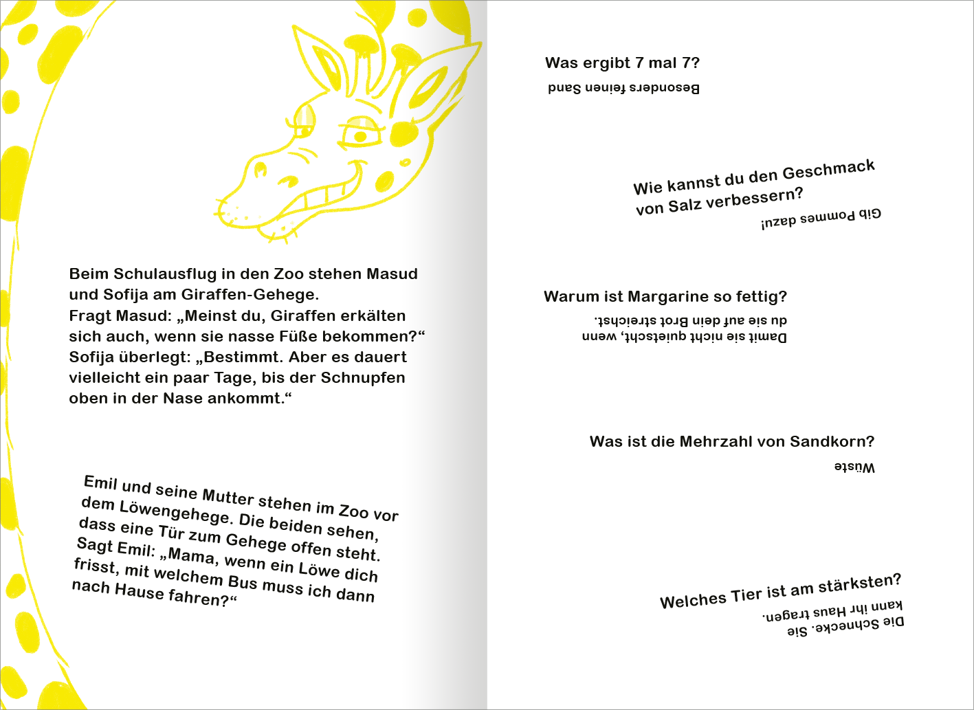 Gezeigt wird eine Innen- oder Zusatzansicht von „Das superlustige Witzebuch für Erstleser“. Die Doppelseite präsentiert auf weißem Hintergrund mehrere unterschiedlich große Textblöcke mit Witzen, die lustig verteilt sind. Auf der linken Seite ist eine grinsende Giraffe zu sehen.