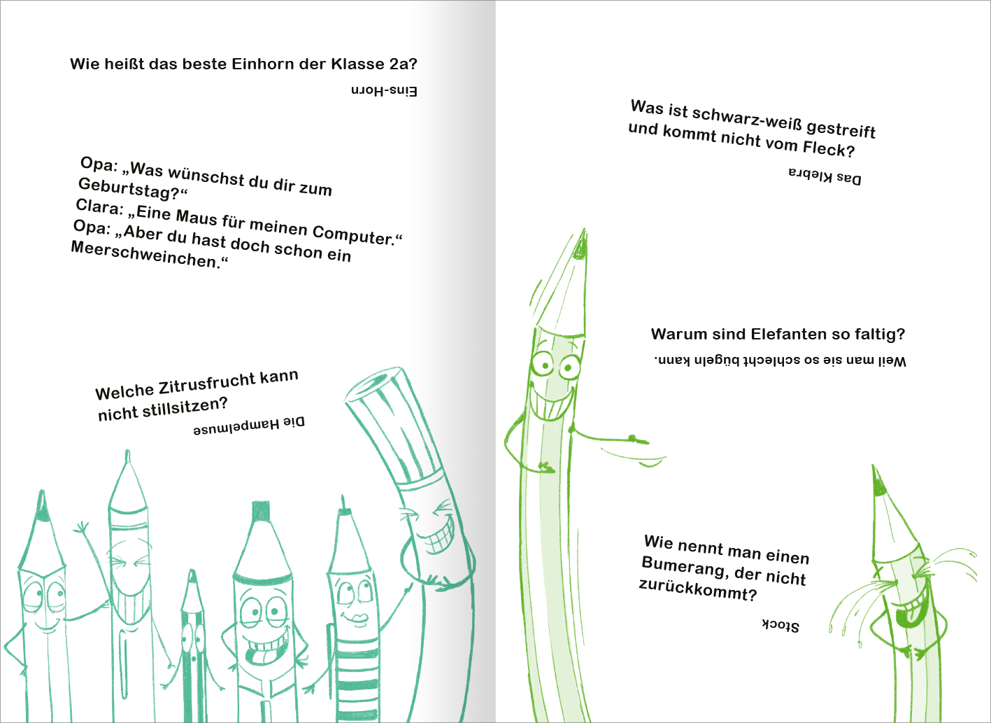 Gezeigt wird eine Innen- oder Zusatzansicht von „Das superlustige Witzebuch für Erstleser“. Die Seite enthält bunte Zeichnungen von fröhlich lachenden Stiften. Der Text ist in verschiedenen Schriftgrößen und -arten gestaltet, wobei die Witze gut lesbar sind. Die Farbpalette ist hell und einladend, dominierend sind Grüntöne und fröhliche Akzente. Der Stil ist verspielt und ansprechend für junge Leser.