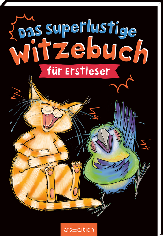 Zu sehen ist die 3D-Ansicht des Titels. Das Cover zeigt einen orangefarbenen Kater und einen bunten Vogel, die beide Tränen lachen. Der Hintergrund ist schwarz, was die beiden Charaktere hervorhebt. Der Titel „das superlustige Witzebuch“ ist in großen, hellen Buchstaben oben platziert, während darunter in roter Schrift „für Erstleser“ steht. Die fröhliche und lockere Atmosphäre wird durch die lebendige Farbgestaltung und die dynamischen Linien unterstützt. Ganz unten mittig steht...