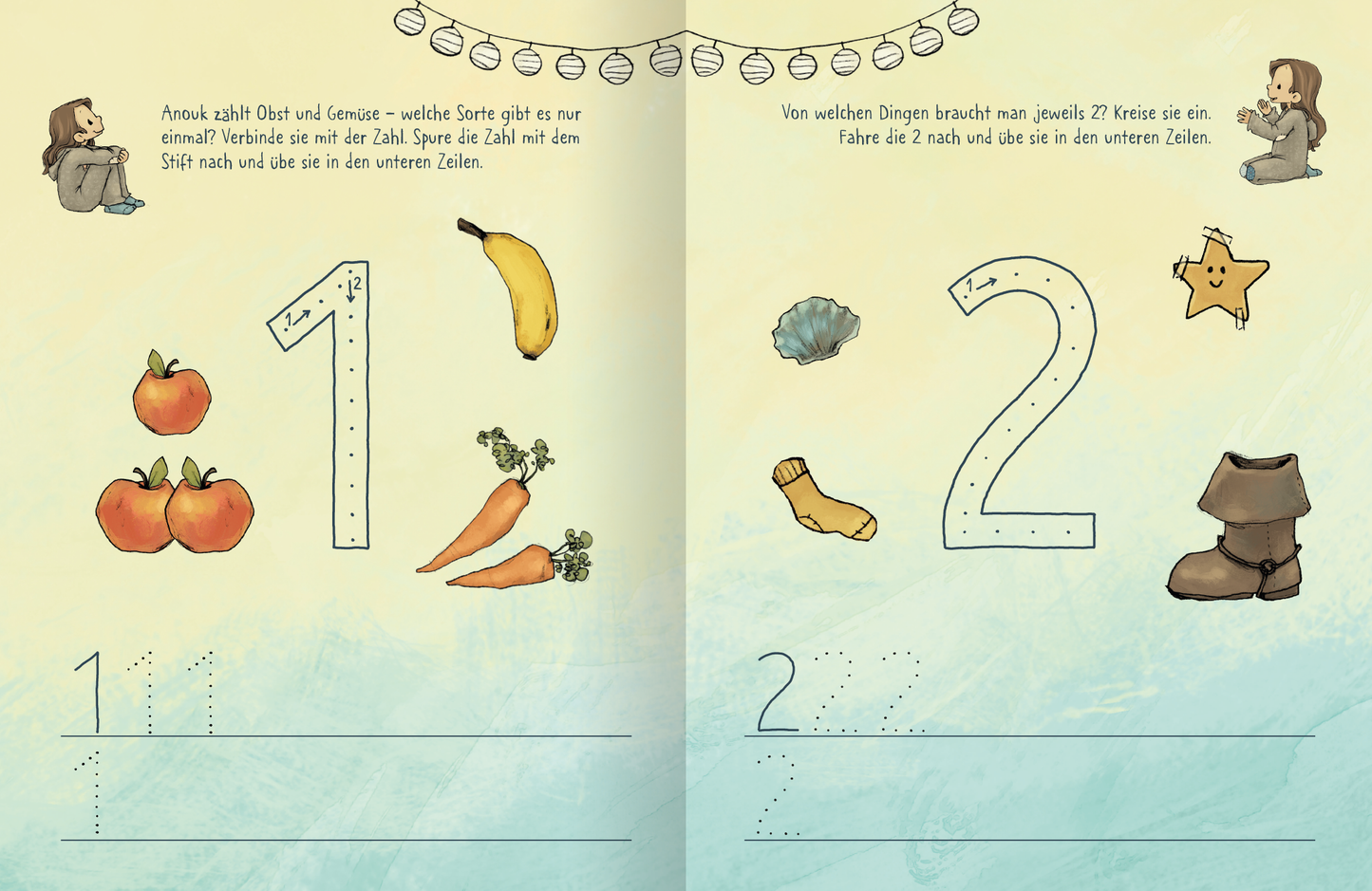 Gezeigt wird eine Innen- oder Zusatzansicht von „Anouk – Erste Zahlen“. Die Doppelseite präsentiert große, großzügig gestaltete Ziffern „1“ und „2“ in sanften Blau- und Gelbtönen. Um die Ziffern herum befinden sich bunte Illustrationen von Obst, Gemüse und Alltagsgegenständen. Der Hintergrund ist mit einem sanften Farbverlauf in blauen Tönen versehen. Die Schrift ist klar und gut lesbar, ergänzt durch handschriftliche Elemente, die einen freundlichen Charakter vermitteln.