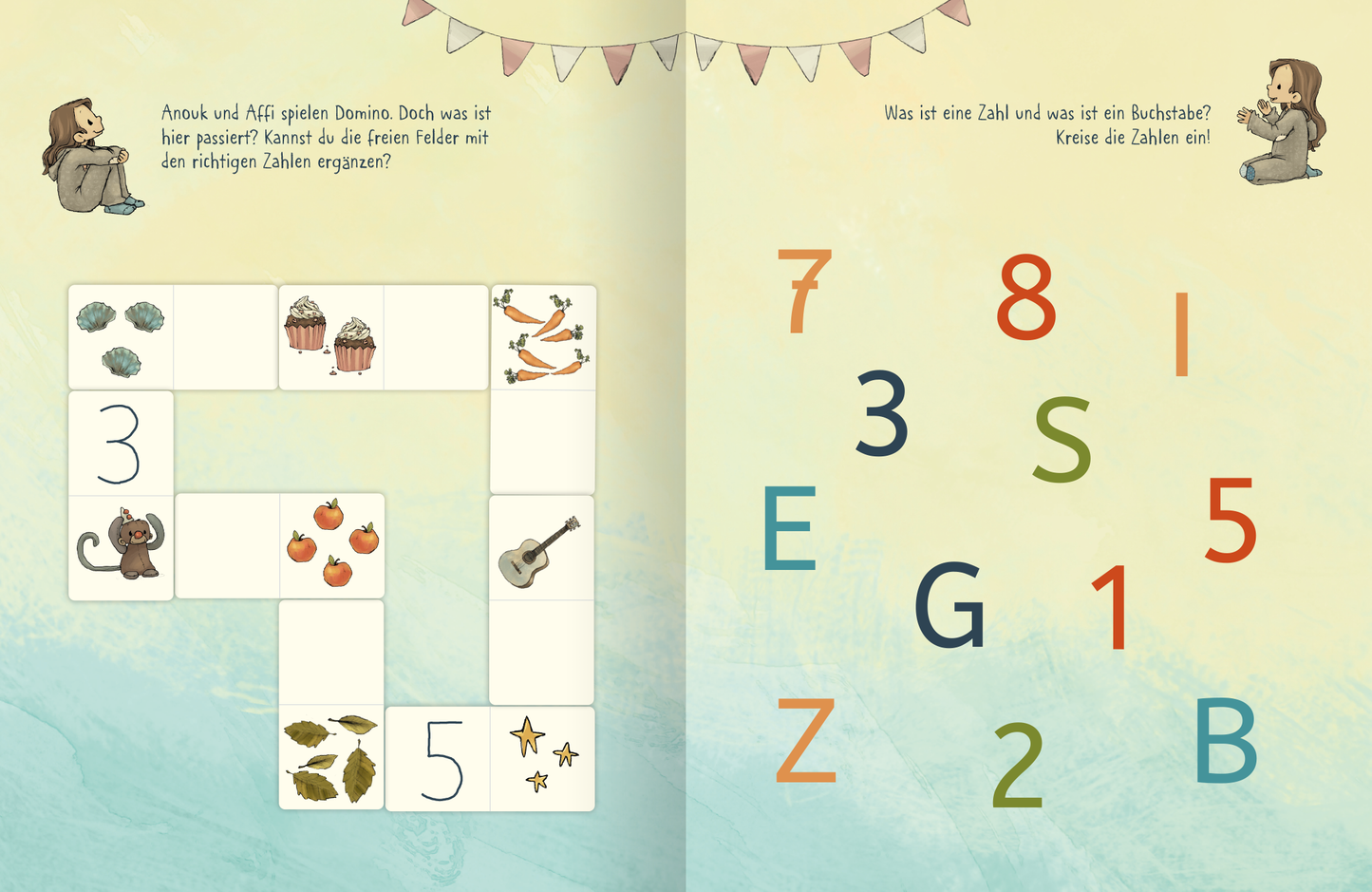 Gezeigt wird eine Innen- oder Zusatzansicht von „Anouk – Erste Zahlen“. Auf der linken Seite sind verschiedene Bildsymbole angeordnet, die unter anderem eine Gitarre, einen Affen und Äpfel zeigen und als Domino-Spiel angelegt sind. Die Zahlen und Buchstaben auf der rechten Seite sind in sanften Farben wie Blau, Grün, Orange und Rot gehalten.