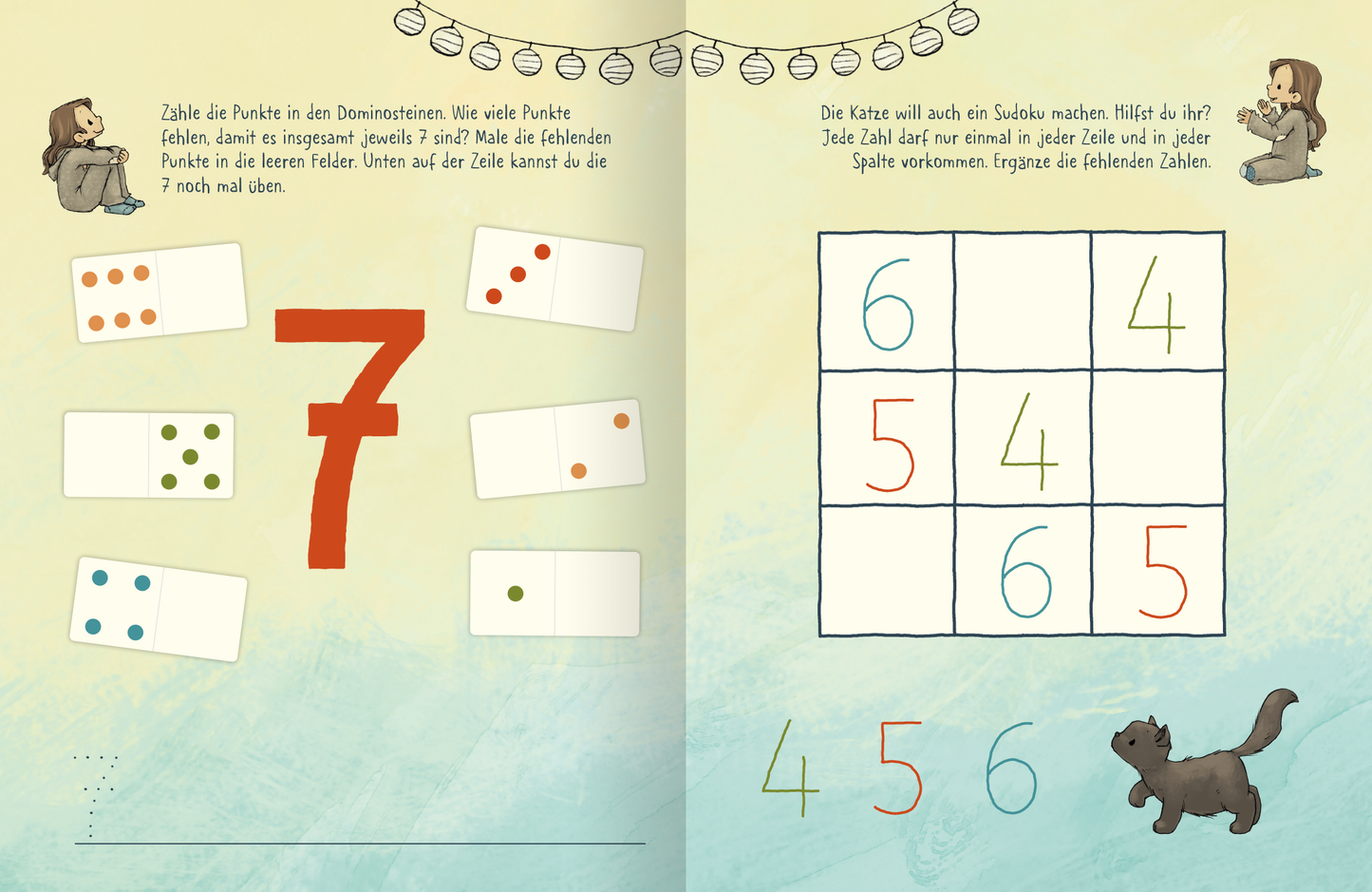 Gezeigt wird eine Innenansicht von „Anouk – Erste Zahlen“. Auf der linken Seite sind zwei Gruppen von Dominokarten mit Punkten in den Farben rot, grün und blau abgebildet. In der Mitte steht die große, rot gefärbte Zahl „7“. Auf der rechten Seite befindet sich ein Sudoku-Raster mit den Zahlen 4, 5 und 6, die in freundlichen, handschriftlichen Farben dargestellt sind. Illustrationen von Tieren und einer Lichterkette verleihen dem Layout eine lebendige, kinderfreundliche Atmosphäre.