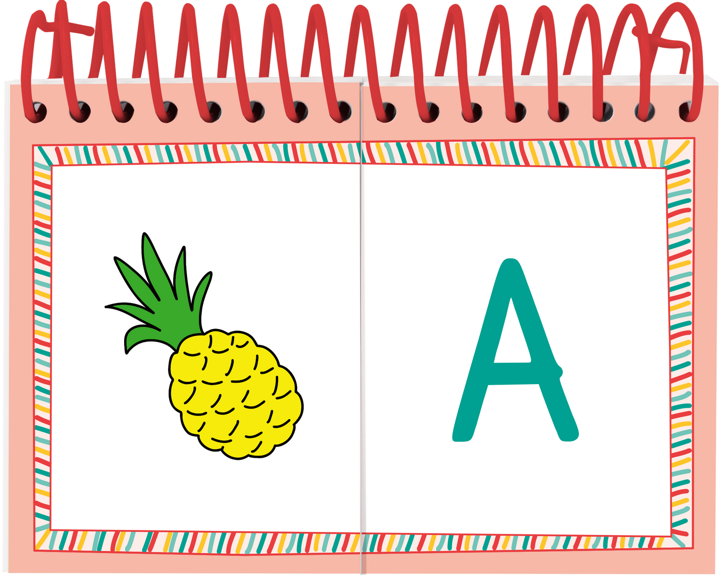 Gezeigt wird eine Innen- oder Zusatzansicht von „Lernraupe – Mix-Max Erste Buchstaben“. Auf der linken Seite ist eine gelbe Ananas abgebildet, umgeben von grünen Blättern. Auf der rechten Seite steht der große, türkisfarbene Buchstabe „A“ in einer klaren, kinderfreundlichen Schrift. Der Hintergrund ist weiß, eingerahmt von einem bunten Rand mit diagonalem Streifenmuster. Das Gesamtbild vermittelt eine fröhliche und einladende Atmosphäre für Lernende.