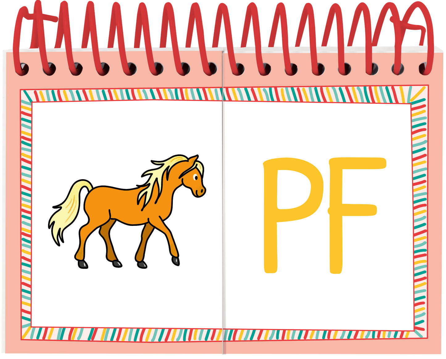 Gezeigt wird eine Innen- oder Zusatzansicht von „Lernraupe – Mix-Max Erste Buchstaben“. Die Seite zeigt eine Illustration eines Pferdes in orange mit einer weißen Mähne links. Rechts daneben ist der Buchstabe „PF“ in leuchtendem Gelb dargestellt. Der Hintergrund ist in sanften Pastellfarben gehalten und von einem bunten, gestreiften Rahmen umgeben. Die Spirale oben verleiht der Ansicht eine verspielte Note.