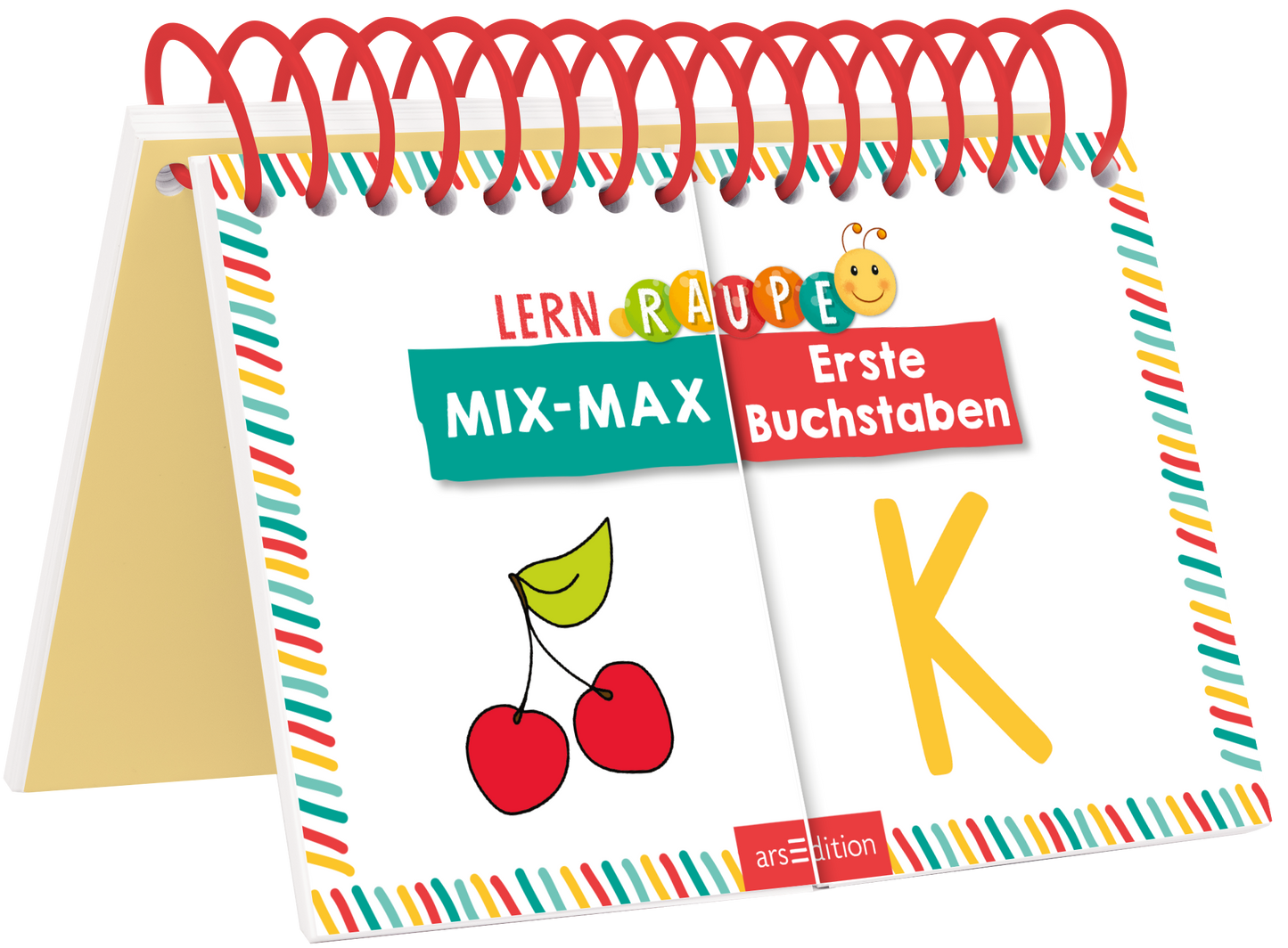 Das Buchcover zeigt ein aufgeschlagenes Kinderbuch mit einem bunten Spiralring. Oben steht in großen, bunten Buchstaben „LERNRAUPE“, darunter in einer grünen Box „MIX-MAX“ und in rotem Schriftzug „Erste Buchstaben“. Auf der linken Seite sind zwei rote Kirschen und ein grünes Blatt abgebildet. Die Farben sind lebhaft und kindgerecht. Ganz unten mittig steht der Logoschriftzug von arsEdition.