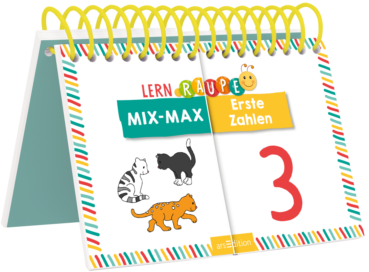 Das Buchcover zeigt einen bunten, spiralförmigen Kalender mit einem hellen Hintergrund. In der oberen Hälfte steht in fröhlichen Farben „LEARN RAUPE“ und „MIX-MAX“ in einer verspielten Schrift. Darunter befindet sich der Titel „Erste Zahlen“ in Gelb auf blauem Hintergrund. Drei stilisierte Tierillustrationen – eine Katze, ein Kätzchen und ein Löwenbaby – sind abgebildet. Die große rote Zahl „3“ hebt sich prominent ab. Oben und unten verlaufen farbige Streifen entlang...