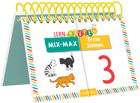 Das Buchcover zeigt einen bunten, spiralförmigen Kalender mit einem hellen Hintergrund. In der oberen Hälfte steht in fröhlichen Farben „LEARN RAUPE“ und „MIX-MAX“ in einer verspielten Schrift. Darunter befindet sich der Titel „Erste Zahlen“ in Gelb auf blauem Hintergrund. Drei stilisierte Tierillustrationen – eine Katze, ein Kätzchen und ein Löwenbaby – sind abgebildet. Die große rote Zahl „3“ hebt sich prominent ab. Oben und unten verlaufen farbige Streifen entlang...