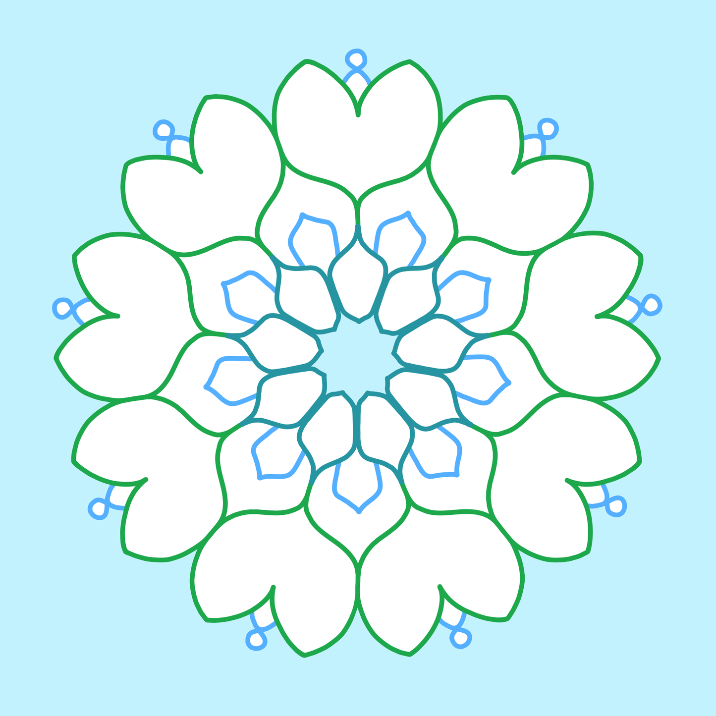 Gezeigt wird eine Innen- oder Zusatzansicht von „Mein erstes Mandala-Malbuch Frühling“. Das Bild zeigt ein symmetrisches Mandala aus weißen und hellblauen Blütenblättern, umgeben von einer feinen grünen Linie. Die zarte Farbpalette und die klaren Linien schaffen eine beruhigende Atmosphäre, die zur kreativen Entfaltung einlädt. Die minimalistischen Elemente fördern die Konzentration und laden dazu ein, das Mandala farbenfroh auszumalen.