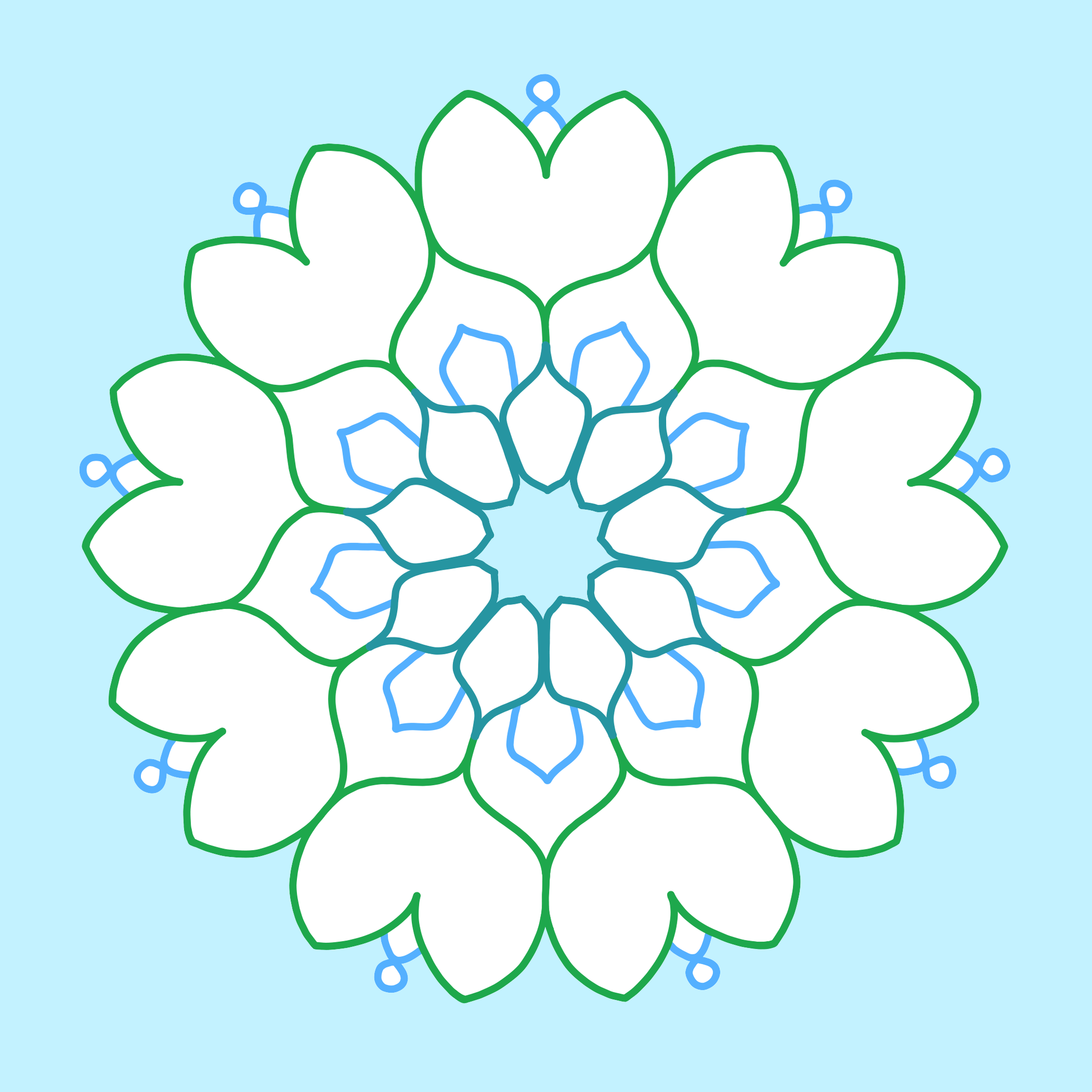 Gezeigt wird eine Innen- oder Zusatzansicht von „Mein erstes Mandala-Malbuch Frühling“. Das Bild zeigt ein symmetrisches Mandala aus weißen und hellblauen Blütenblättern, umgeben von einer feinen grünen Linie. Die zarte Farbpalette und die klaren Linien schaffen eine beruhigende Atmosphäre, die zur kreativen Entfaltung einlädt. Die minimalistischen Elemente fördern die Konzentration und laden dazu ein, das Mandala farbenfroh auszumalen.