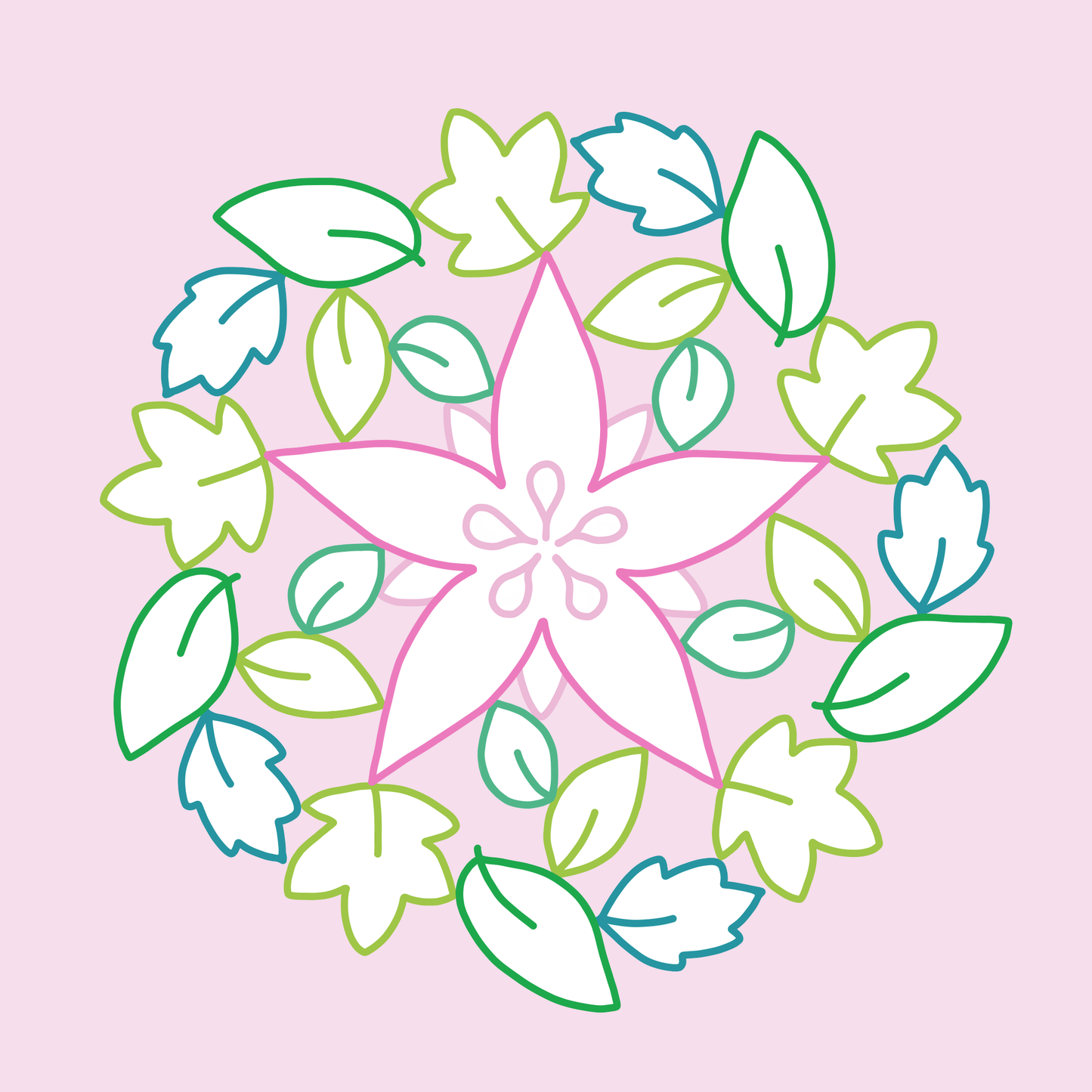 Gezeigt wird eine Innen- oder Zusatzansicht von „Mein erstes Mandala-Malbuch Frühling“. Die Illustration zeigt ein frühlingshaftes Mandala in Pastellfarben auf einem rosafarbenen Hintergrund. Zentral ist eine große, stilisierte Blüte in Hellrosa, umgeben von grünen und blauen Blättern in sanften Linien. Die Typografie ist verspielt und geeignet für Kinder, mit klaren, einladenden Formen, die zur kreativen Entfaltung anregen.
