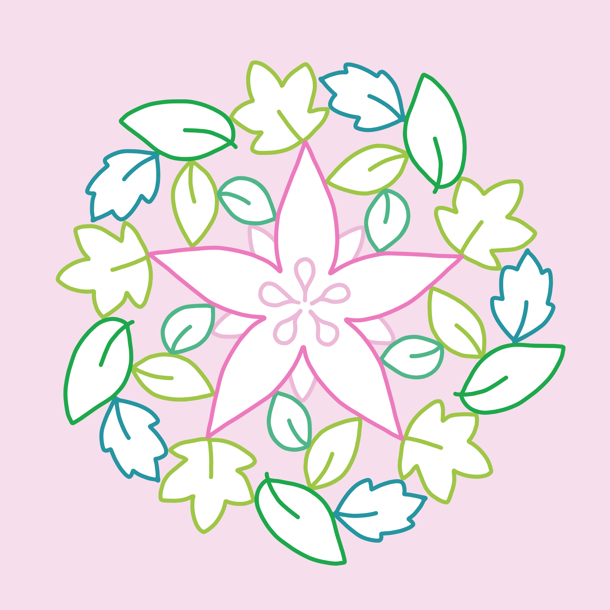 Gezeigt wird eine Innen- oder Zusatzansicht von „Mein erstes Mandala-Malbuch Frühling“. Die Illustration zeigt ein frühlingshaftes Mandala in Pastellfarben auf einem rosafarbenen Hintergrund. Zentral ist eine große, stilisierte Blüte in Hellrosa, umgeben von grünen und blauen Blättern in sanften Linien. Die Typografie ist verspielt und geeignet für Kinder, mit klaren, einladenden Formen, die zur kreativen Entfaltung anregen.