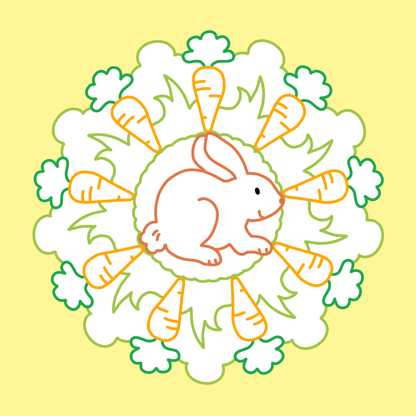 Gezeigt wird eine Innen- oder Zusatzansicht von „Mein erstes Mandala-Malbuch Frühling“. Das Bild zeigt ein fröhliches Mandala mit einem weißen, sitzenden Hasen in der Mitte, umgeben von orangefarbenen Karotten und grünen Blättern. Der Hintergrund ist in einem sanften Gelb gehalten. Die Linien sind klar und einfach gestaltet, um die Kreativität der Kinder anzuregen. Die verspielte Typografie ist im fröhlichen Thema des Frühlings gehalten.