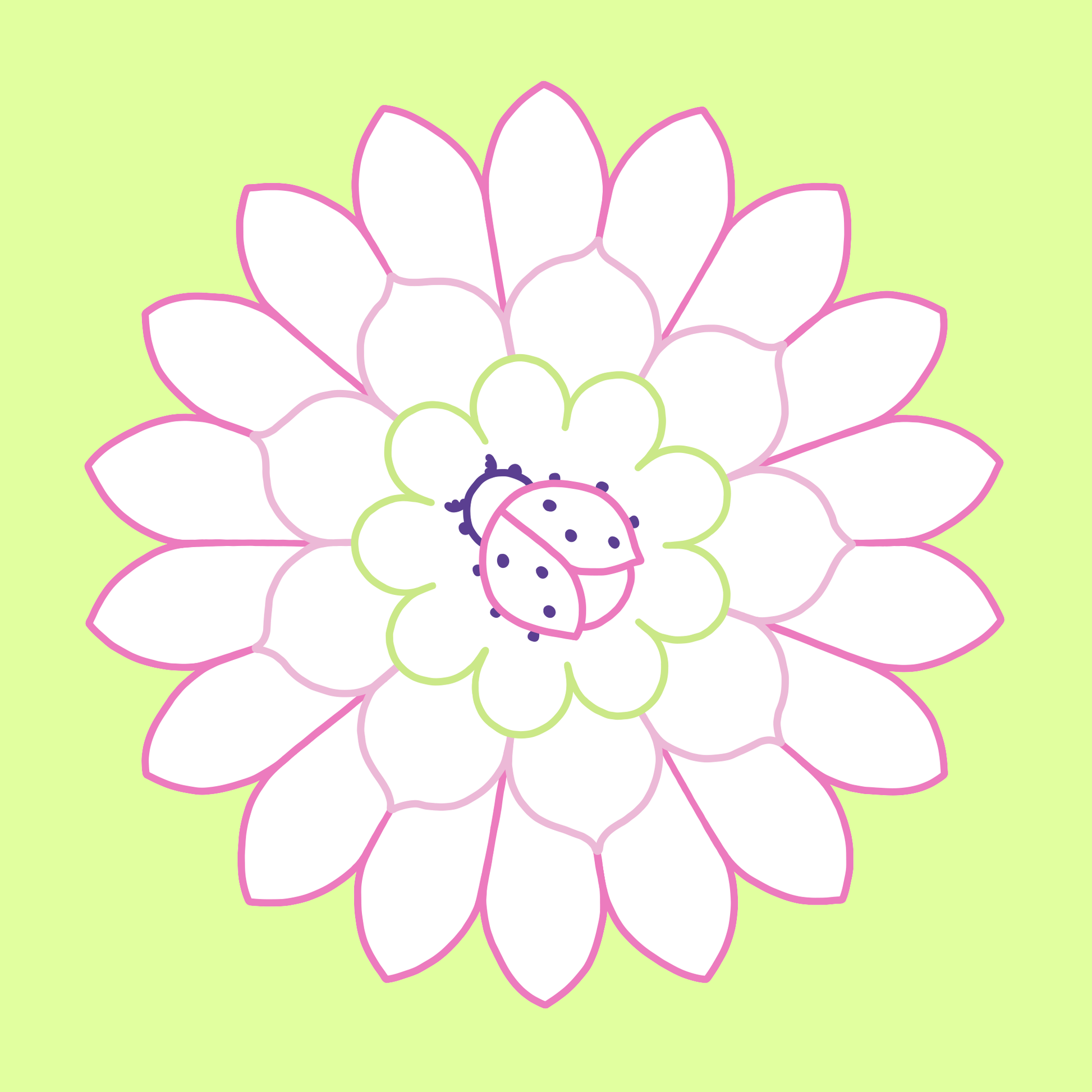 Gezeigt wird eine Innen- oder Zusatzansicht von „Mein erstes Mandala-Malbuch Frühling“. Das Bild zeigt eine große, stilisierte Blume in sanften Rosa- und Grüntönen, umgeben von einer hellgrünen Hintergrundfarbe. Die Blütenblätter sind weiß mit rosa Konturen, und in der Mitte der Blume sitzt ein fröhlicher, roter Marienkäfer. Die einfache, klare Linienführung und das freundliche Farbschema schaffen eine einladende und fröhliche Atmosphäre.