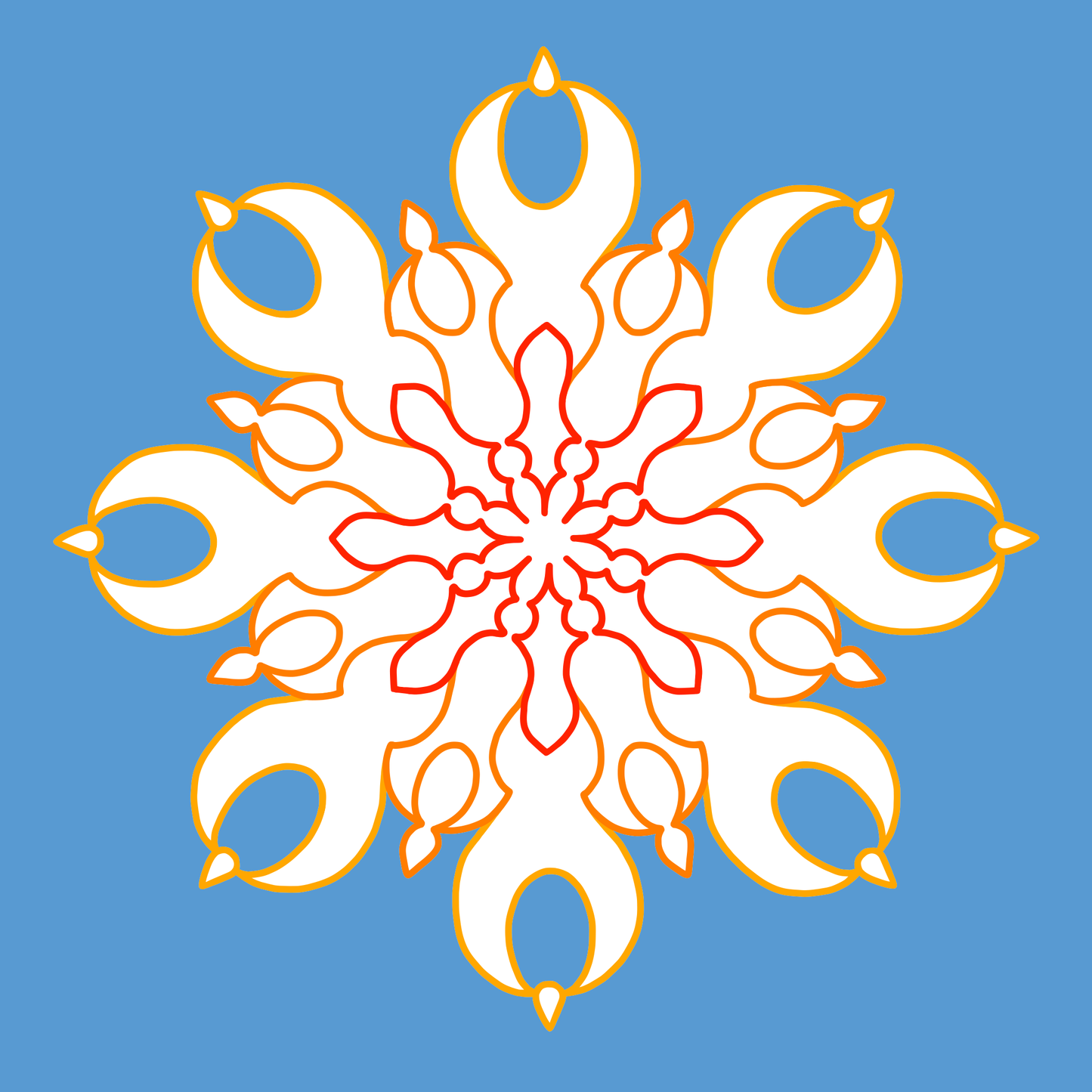 Gezeigt wird eine Innen- oder Zusatzansicht von „Mein erstes Mandala-Malbuch Frühling“. Das Bild zeigt ein symmetrisches Mandala in lebendigen Farben, mit einem hellblauen Hintergrund. Das Mandala ist aus fließenden weißen und orangefarbenen Linien gestaltet, durchzogen von akzentuierten roten Mustern, die eine fröhliche und einladende Atmosphäre schaffen. Die Typografie ist klar und kindgerecht, was das kreative Ausmalen ansprechend macht.