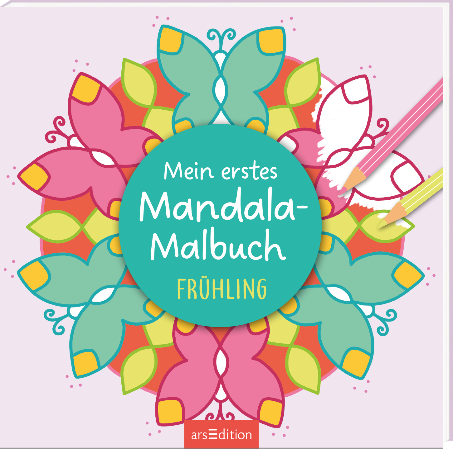Das Buchcover zeigt ein buntes Mandala, das in kräftigen Farben wie Pink, Grün und Blau gestaltet ist. In der Mitte befindet sich ein großer, runder Schriftzug in Türkis, der den Titel „Mein erstes Mandala-Malbuch“ und darunter „FRÜHLING“ in einer verspielten, weißen Schriftart enthält. Um das Mandala sind verschiedene Blumen- und Blattformen angeordnet, die eine fröhliche und einladende Atmosphäre schaffen. Ganz unten mittig steht der Logoschriftzug von arsEdition.