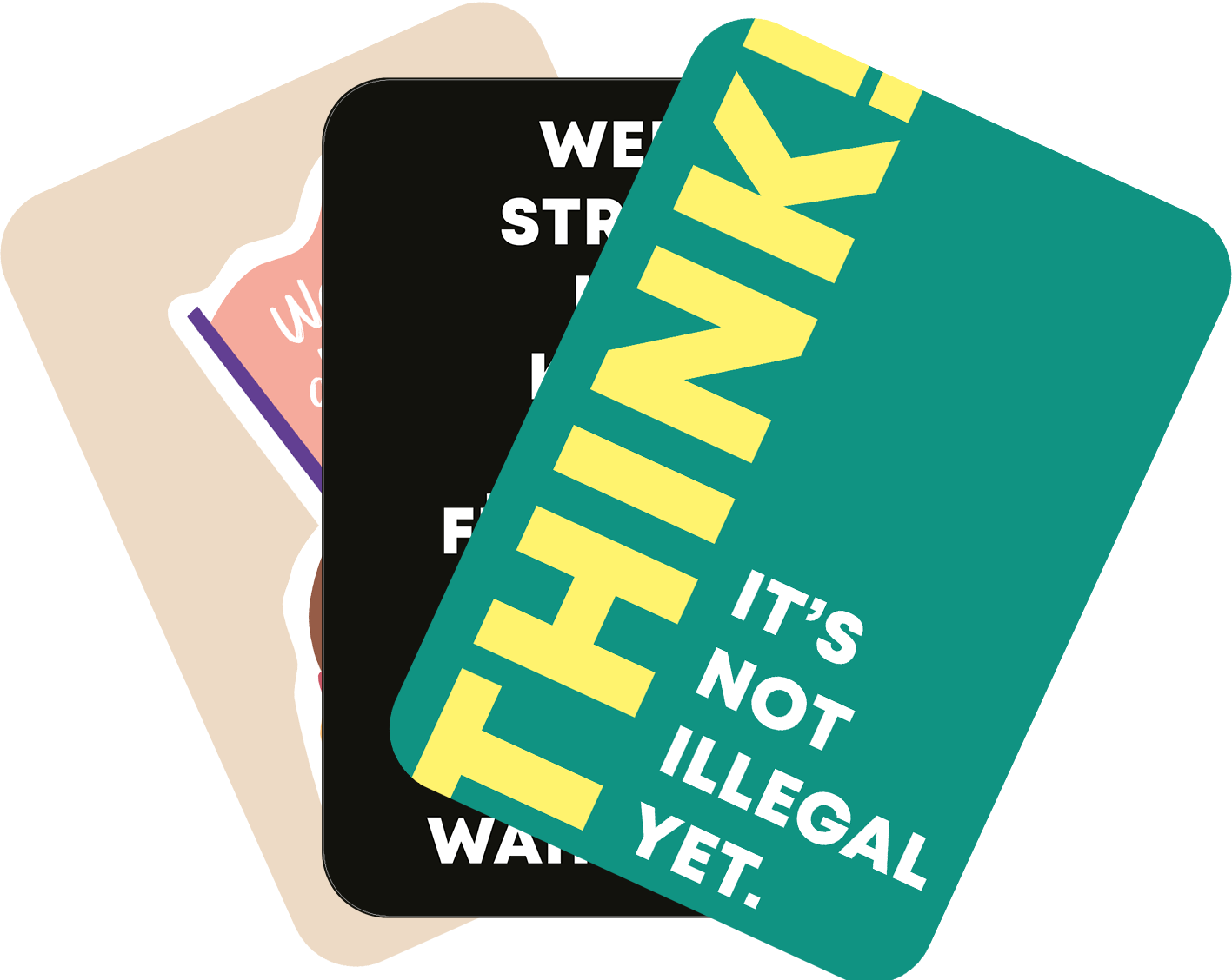 Gezeigt wird eine Innen- oder Zusatzansicht von „Es ist Zeit für einen Mutausbruch“. Die Ansicht zeigt drei Karten in unterschiedlichen Farben. Eine Karte ist in einem auffälligen Türkis mit der Aufschrift „THINK!“ in großer, fetter Schrift in Gelb. Die zweite Karte ist schwarz mit dem Text „WE'RE STRONGER THAN FEAR“ in Weiß, während die dritte Karte in sanften Pastelltönen gehalten ist und ebenfalls einen motivierenden Spruch zeigt. Die Gestaltung vermittelt eine...