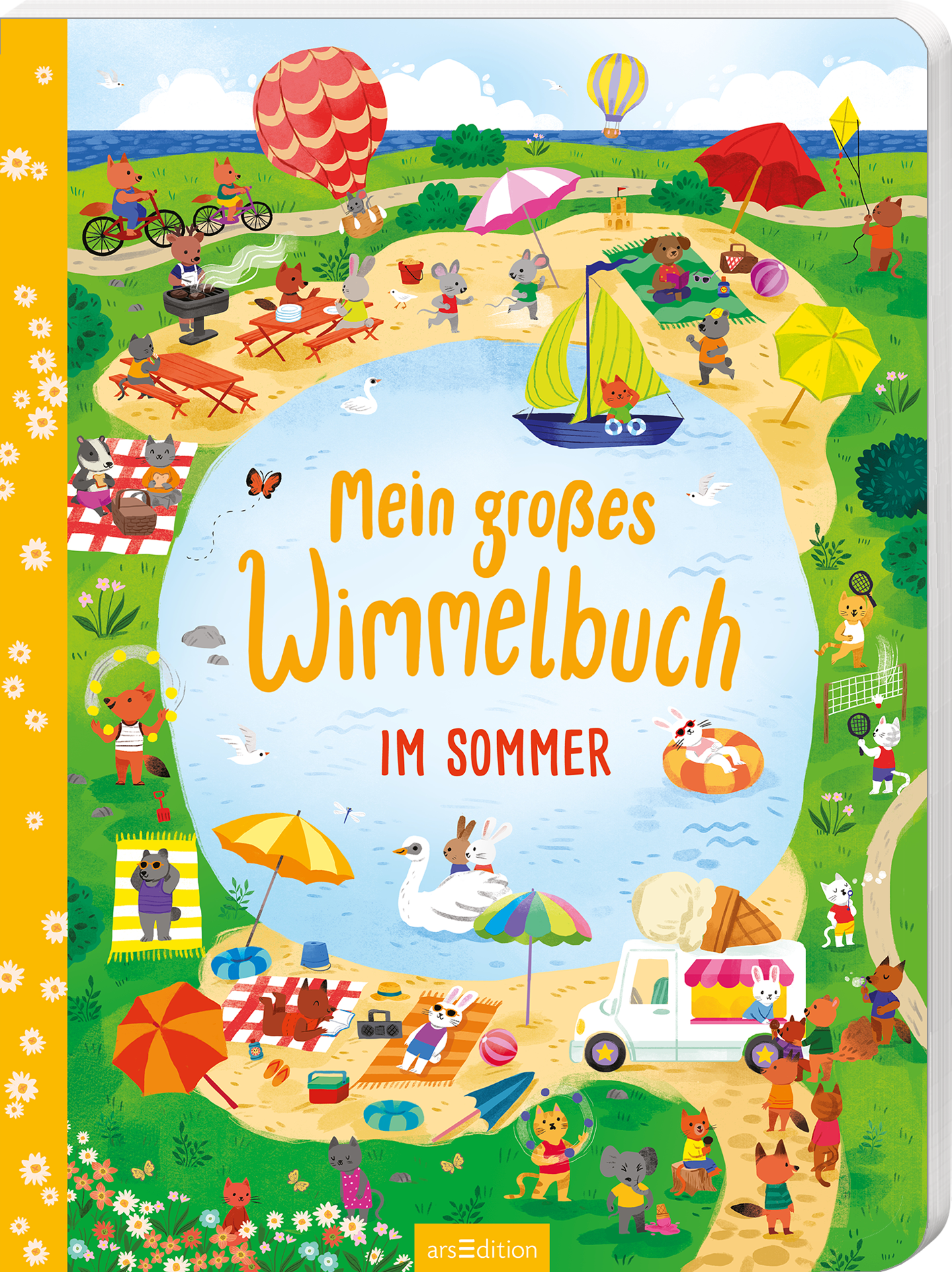 Das Buchcover zeigt eine lebendige Sommersonnenlandschaft am Wasser, umgeben von zahlreichen tierischen Charakteren, die fröhlich picknicken und spielen. Der Himmel ist blau, mit bunten Luftballons und einem Segelboot auf dem Wasser. In großen, gelben Buchstaben steht „Mein großes Wimmelbuch“ über dem Handlungsort, während „IM SOMMER“ in kräftigem Rot darunter steht. Der Hintergrund ist in sanften Grüntönen gehalten, während der Rand des Covers mit weißen Blumen verziert ist....