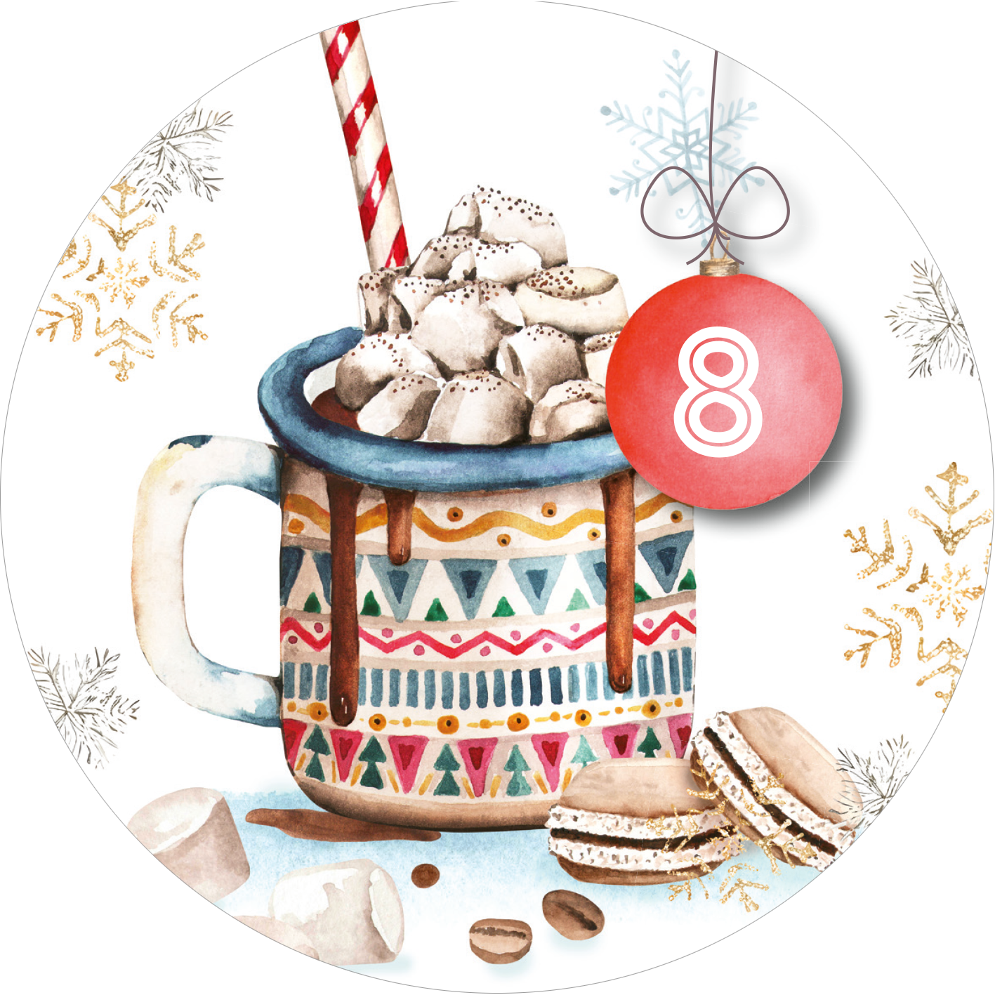 Gezeigt wird eine Innen- oder Zusatzansicht von „Adventskalender in der Dose. Adventsglück für dich“. Die Illustration zeigt eine farbenfrohe Tasse mit einem bunten, geometrischen Muster, gefüllt mit Sahne und kleinen Marshmallows. Auf dem Rand der Tasse ist ein rot gestreifter Strohhalm zu sehen. Neben der Tasse liegen zwei zarte Macarons. Über die Szene verteilt sind goldene und hellblaue Schneeflocken, sowie eine rote Weihnachtskugel mit der Zahl „8“.