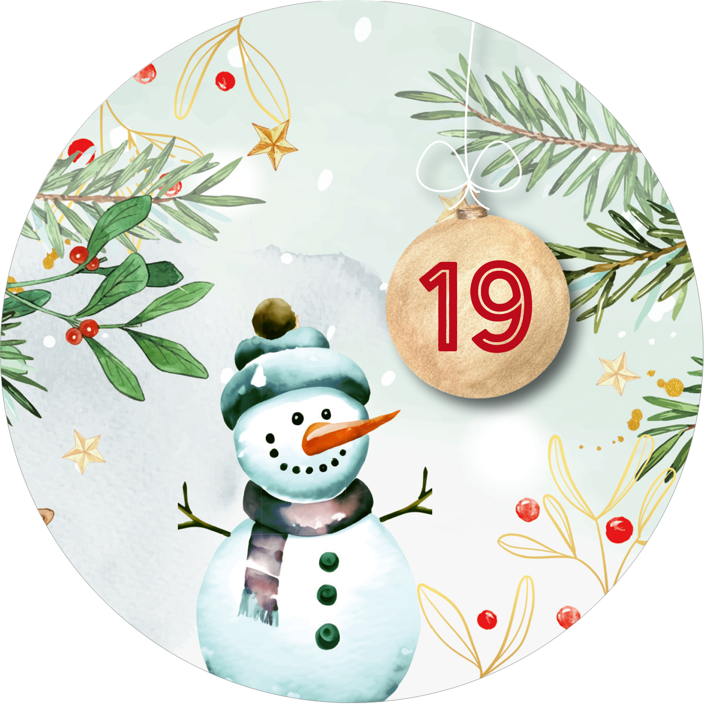 Gezeigt wird eine Innen- oder Zusatzansicht von „Adventskalender in der Dose. Adventsglück für dich“. Das Bild zeigt einen fröhlichen Schneemann mit einer blauen Mütze und einem lila Schal. Umgeben von winterlichen Elementen wie grünen Tannenzweigen, roten Beeren und goldenen Sternen. In der oberen Ecke hängt eine Kugel mit der Zahl 19 in kräftigem Rot. Der Hintergrund ist in sanften, hellen Farben gehalten, die eine festliche Stimmung vermitteln.
