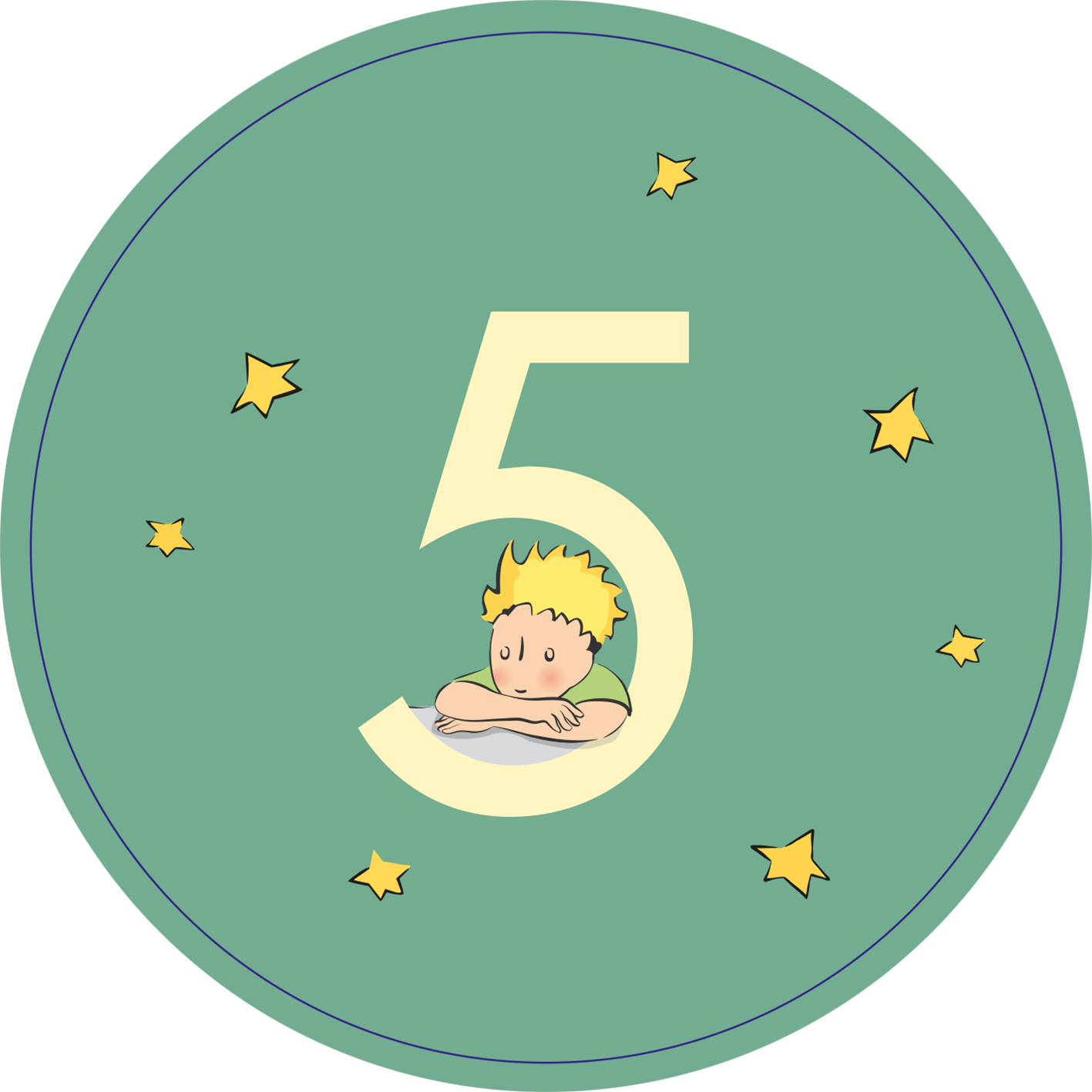 Gezeigt wird eine Innen- oder Zusatzansicht von „Adventskalender in der Dose. Der Kleine Prinz. 24 liebe Wünsche im Advent“. Die Darstellung zeigt einen runden, mintgrünen Hintergrund mit einer großen, weißen Zahl „5“ in der Mitte. Um die Zahl sind kleine, gelbe Sterne verteilt. Ein Junge mit blonden, lockigen Haaren und einem nachdenklichen Gesichtsausdruck lehnt mit beiden Armen auf einem weißen Rand. Die freundliche Typografie und die Farben erzeugen eine verträumte,...