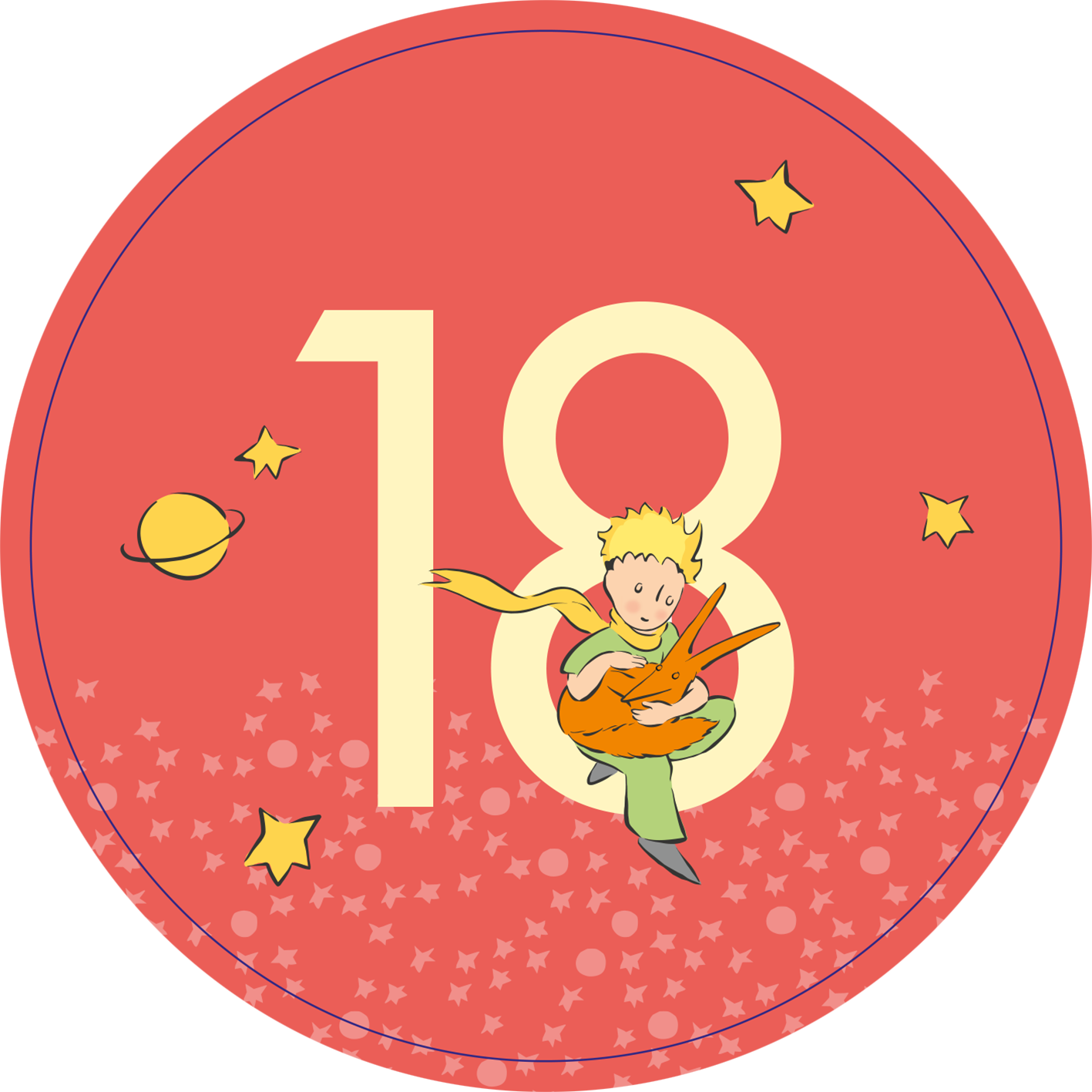 Gezeigt wird eine Innen- oder Zusatzansicht von „Adventskalender in der Dose. Der Kleine Prinz. 24 liebe Wünsche im Advent“. Auf einem lebhaft roten Hintergrund steht die große Zahl „18“ in hellem Gelb. Darunter sitzt der kleine Prinz, hält einen roten Fuchs in seinen Armen und trägt einen grünen Umhang. Sternen und ein Planet schmücken den Hintergrund, was eine verspielte und festliche Atmosphäre schafft. Die Typografie ist freundlich und kindgerecht.