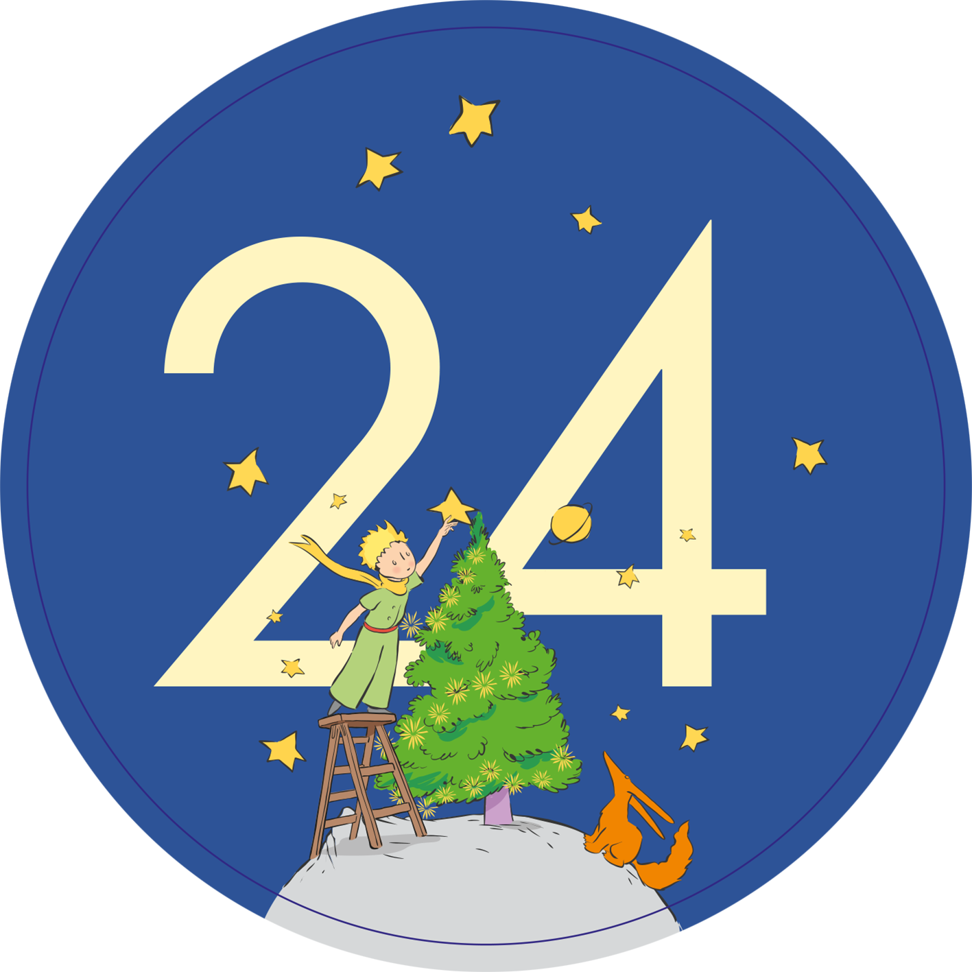 Gezeigt wird eine Innen- oder Zusatzansicht von „Adventskalender in der Dose. Der Kleine Prinz. 24 liebe Wünsche im Advent“. Die Darstellung zeigt den kleinen Prinzen auf einer Leiter, der einen Weihnachtsbaum schmückt. Hinter ihm ist eine große, hellblaue Zahl „24“ und goldene Sterne sind im Hintergrund verteilt. Der Prinz trägt ein grünes Gewand und hat einen gelben Schal. Ein kleiner, orangefarbener Fuchs sitzt am Boden, was eine freundliche und besinnliche Atmosphäre schafft.