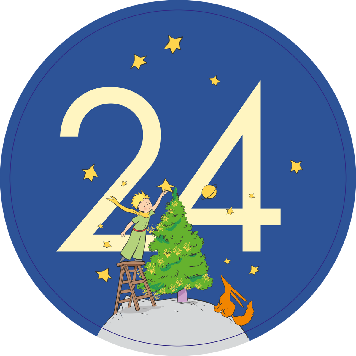 Gezeigt wird eine Innen- oder Zusatzansicht von „Adventskalender in der Dose. Der Kleine Prinz. 24 liebe Wünsche im Advent“. Die Darstellung zeigt den kleinen Prinzen auf einer Leiter, der einen Weihnachtsbaum schmückt. Hinter ihm ist eine große, hellblaue Zahl „24“ und goldene Sterne sind im Hintergrund verteilt. Der Prinz trägt ein grünes Gewand und hat einen gelben Schal. Ein kleiner, orangefarbener Fuchs sitzt am Boden, was eine freundliche und besinnliche Atmosphäre schafft.
