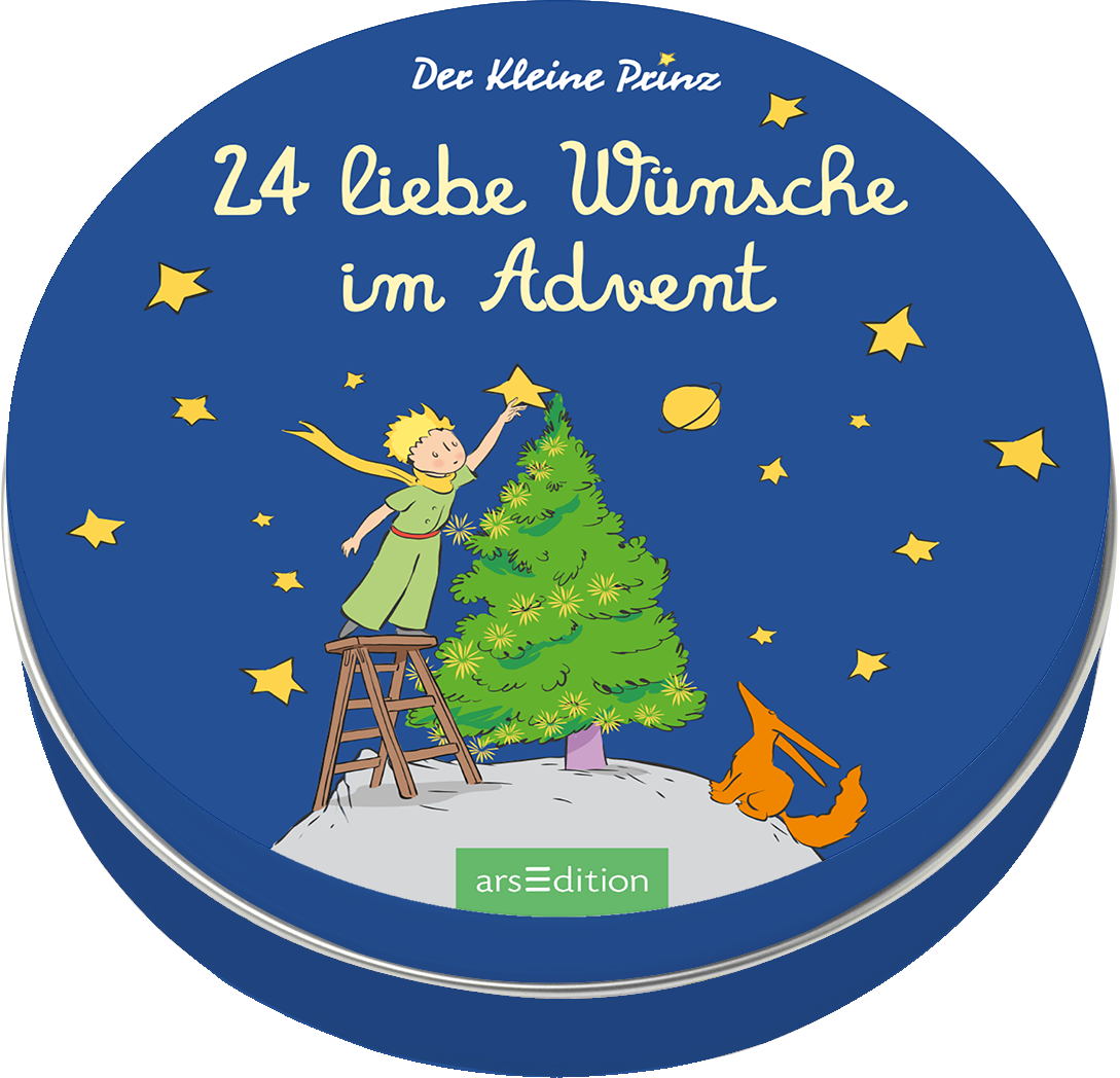 Auf dem Buchcover „24 liebe Wünsche im Advent“ dominieren ein tiefes Blau und leuchtende Gelb- und Grüntöne. In der Mitte steht ein kleiner Junge, der auf einer Leiter einen Weihnachtsbaum schmückt. Um ihn schwirren kleine gelbe Sterne und der Mond ist sichtbar. Die Schriftart ist verspielt und kindgerecht, in Weiß gehalten. Ganz oben steht „Der kleine Prinz“. Im unteren Bereich ist ein orangefarbener Fuchs abgebildet. Ganz unten mittig steht der Logoschriftzug von arsEdition.