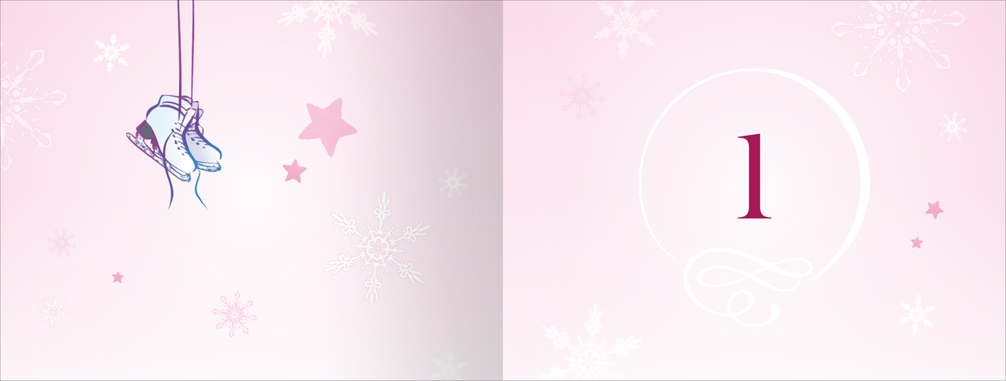 Gezeigt wird eine Innen- oder Zusatzansicht von „Snowflake Kisses“. Die Seite präsentiert eine sanfte rosa Farbpalette, die von weißen Schneeflocken und leuchtend roten Sternen akzentuiert wird. Hängende Schlittschuhe in einem leicht skizzierten Stil dominieren die linke Seite, während die rechte Seite die Zahl „1“ in eleganter, geschwungener Typografie zeigt. Die Gesamtkomposition strahlt eine winterliche, verspielte Atmosphäre aus.