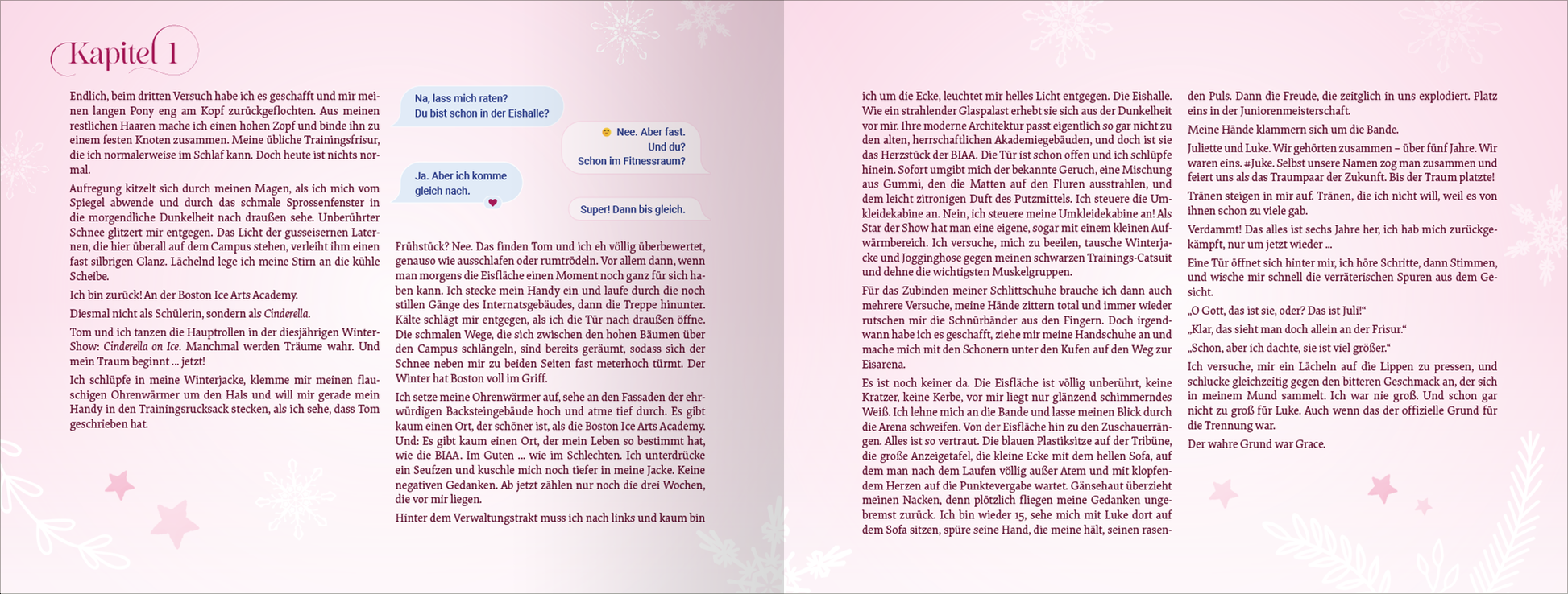 Gezeigt wird eine Innenansicht von „Snowflake Kisses“. Die Seiten sind in sanften Rosa- und Lilatönen gehalten, verziert mit zarten Schneeflockenmotiven. Die Typografie ist verspielt und gut lesbar, wobei Kapitelüberschriften prominent in einer eleganten Schriftart gestaltet sind. Textpassagen und Dialoge sind durch Kästchen hervorgehoben, was die Leserführung unterstützt und einen ansprechenden visuellen Effekt erzeugt.