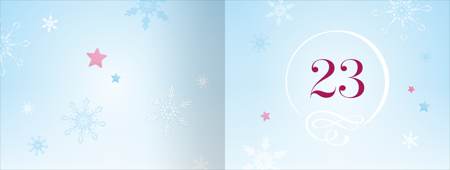 Gezeigt wird eine Innen- oder Zusatzansicht von „Snowflake Kisses“. Die Illustration zeigt einen sanften, hellblauen Hintergrund, geschmückt mit verschiedenen weißen, blauen und rosa Schneeflocken und farbigen Sternen. In der Mitte befindet sich die Zahl „23“ in eleganter, rot-violetter Typografie, umrahmt von einem feinen weißen Kreis. Die Elemente erzeugen eine festliche, winterliche Atmosphäre und sind harmonisch angeordnet.