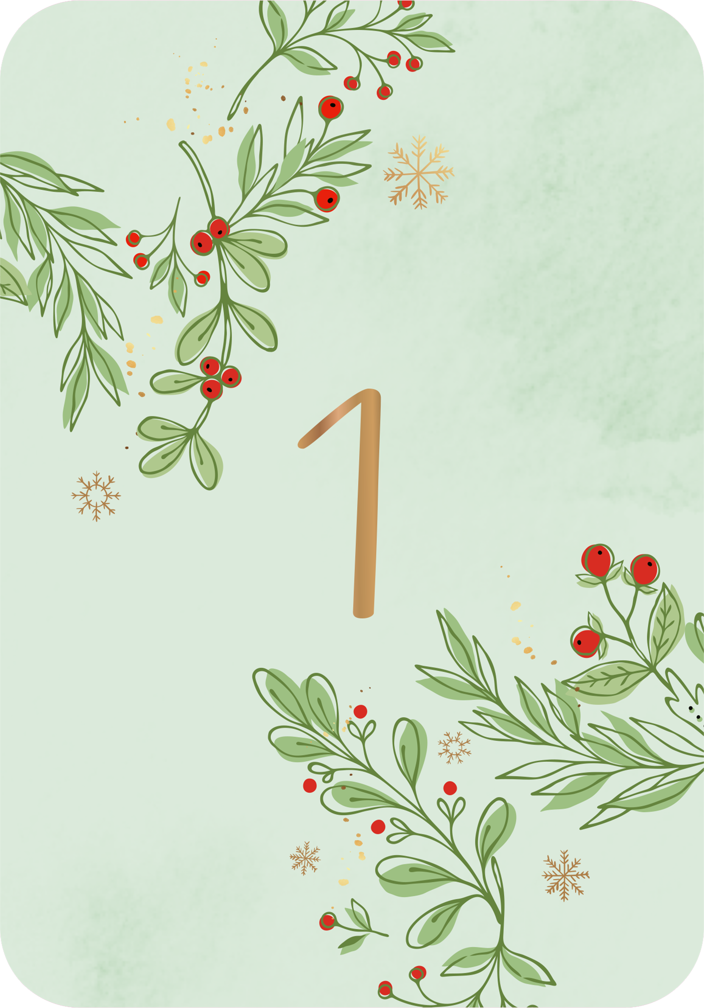 Gezeigt wird eine Innen- oder Zusatzansicht von „Allüberall auf den Tannenspitzen“. Der Hintergrund ist in einem sanften Mintgrün gehalten. Umrahmt wird die Sicht von verspielten, handgezeichneten Zweigen mit grünen Blättern und roten Beeren. In der Mitte prangt die Zahl „1“ in einem warmen Braunton. Dezente, goldene Schneeflocken fügen einen festlichen Akzent hinzu. Die Schriftart ist freundlich und modern, was der Gesamtdarstellung eine einladende Atmosphäre verleiht.