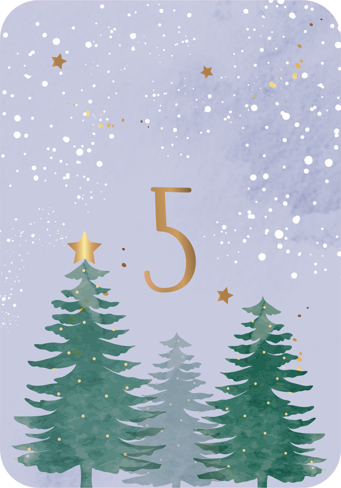Gezeigt wird eine Innen- oder Zusatzansicht von „Allüberall auf den Tannenspitzen“. Die Illustration zeigt drei grüne Tannenbäume vor einem sanften, lilafarbenen Hintergrund. Über den Bäumen funkeln goldene Sterne und ein großer, goldener Ziffer „5“ hebt sich prominent ab. Die Schrift ist elegant und geschwungen, was die festliche Stimmung unterstreicht. Feine, weiße Punkte deuten auf fallenden Schnee hin und verleihen der Szene eine winterliche Atmosphäre.