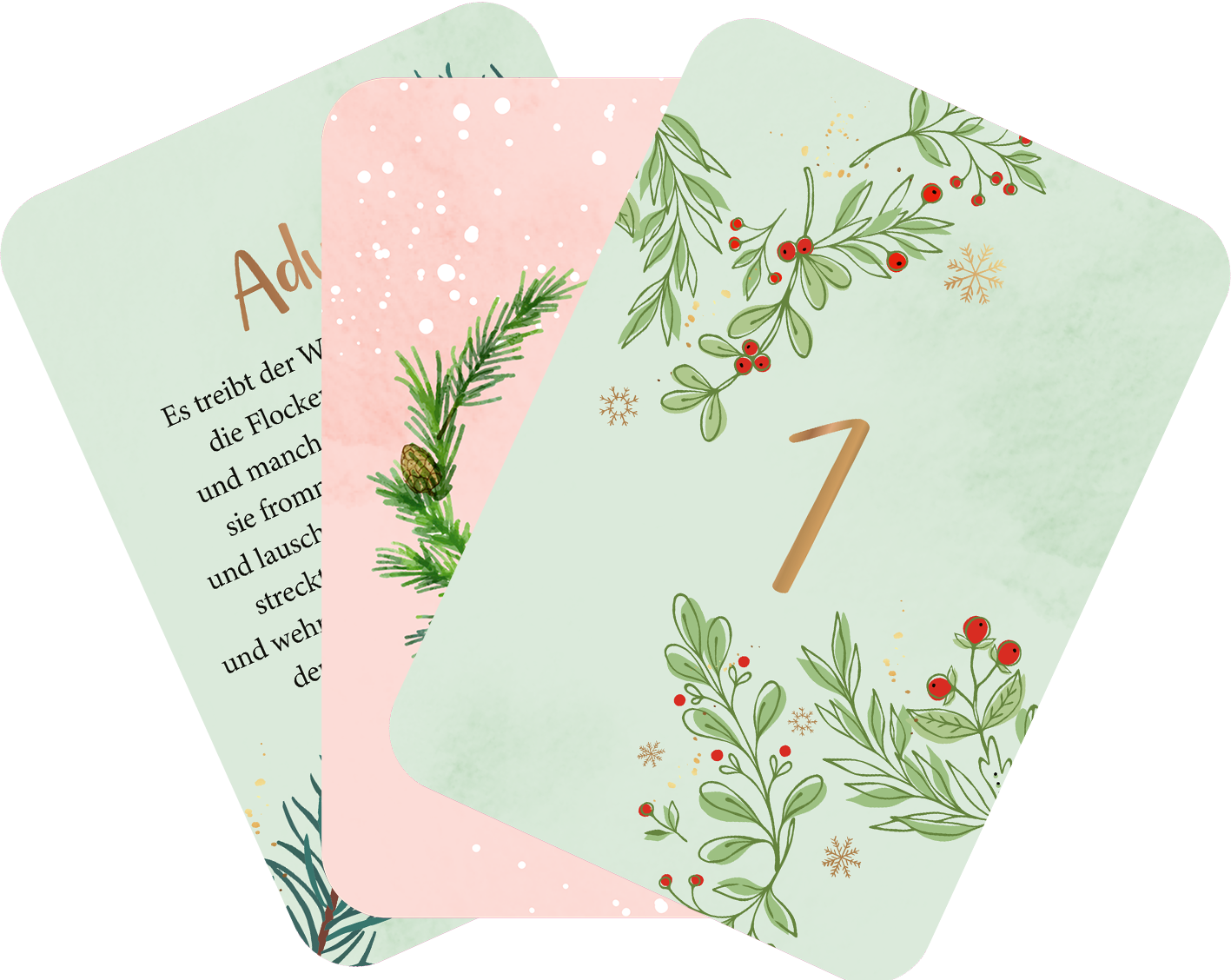 Gezeigt wird eine Innen- oder Zusatzansicht von „Allüberall auf den Tannenspitzen“. Die Ansicht zeigt drei Karten in sanften Farben: eine mintgrüne Karte mit der Zahl „1“ und dekorativen Zweigen, eine blassrosa Karte mit Schneeflocken und einer Illustration eines Tannenzweigs sowie eine blaßgrüne Karte mit einem beschreibenden Text und feinen Weihnachtsmotiven. Die Typografie ist klar und gut lesbar, mit goldener Schrift auf der ersten Karte.