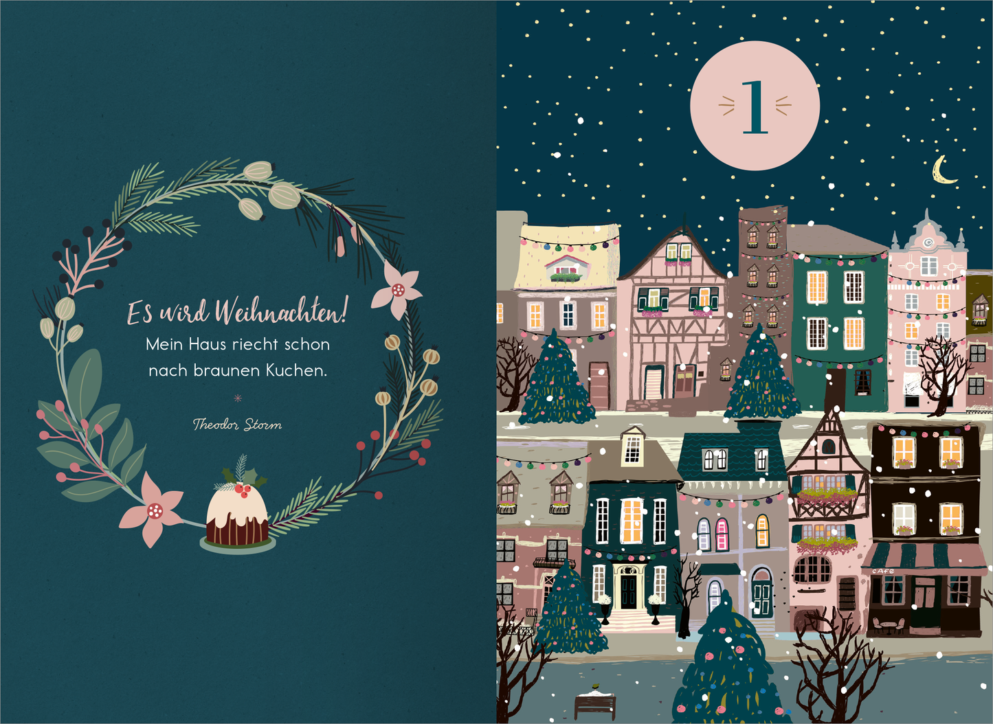 Gezeigt wird eine Innen- oder Zusatzansicht von „Kerzenschein-Geschichten“. Auf der linken Seite befindet sich ein dunkelgrüner Hintergrund mit einem blumigen Kranz, der in sanften Farben gestaltet ist. Darin steht der Schriftzug „Es wird Weihnachten! Mein Haus riecht schon nach braunen Kuchen.“ in verspielter, weißer Schrift. Die rechte Seite zeigt eine festliche Stadtansicht bei Nacht, mit bunten, detailreichen Häusern und geschmückten Tannenbäumen, unter einem sternenübersäten...