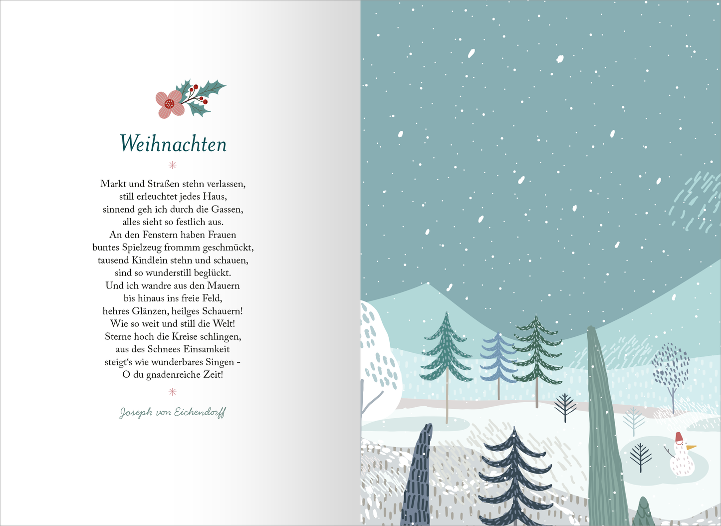 Gezeigt wird eine Innenansicht von „Kerzenschein-Geschichten“. Die linke Seite zeigt den Titel „Weihnachten“ in eleganter, geschwungener Schrift und einem grünen Farbton. Darunter steht ein Gedicht in schwarzer Schrift auf hellem Hintergrund. Auf der rechten Seite dominiert eine winterliche Landschaft mit schneebedeckten Bäumen und Hügeln in sanften Blau- und Grüntönen. Kleine Schneeflocken fallen über die Szene, die einen frostigen, aber friedlichen Eindruck vermittelt.