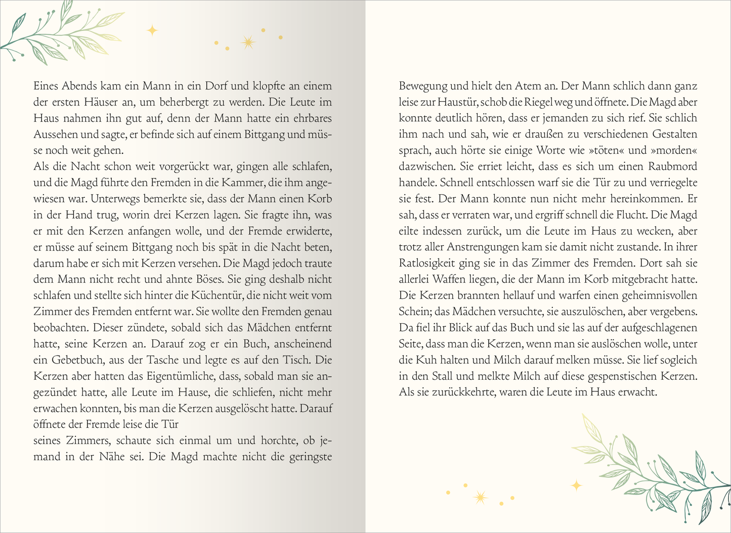 Gezeigt wird eine Innen- oder Zusatzansicht von „Von Raunächten und magischen Neuanfängen“. Die Seiten sind in sanften Farbtönen gehalten, mit zarten Illustrationen, die Pflanzenmotive zeigen. Der Text ist in einer klaren, gut lesbaren Serifenschrift gesetzt, die eine einladende Atmosphäre schafft. Die Anordnung der Elemente und die leichten, verspielten Designs unterstützen die erzählerische Wirkung und schaffen ein harmonisches Leseerlebnis.