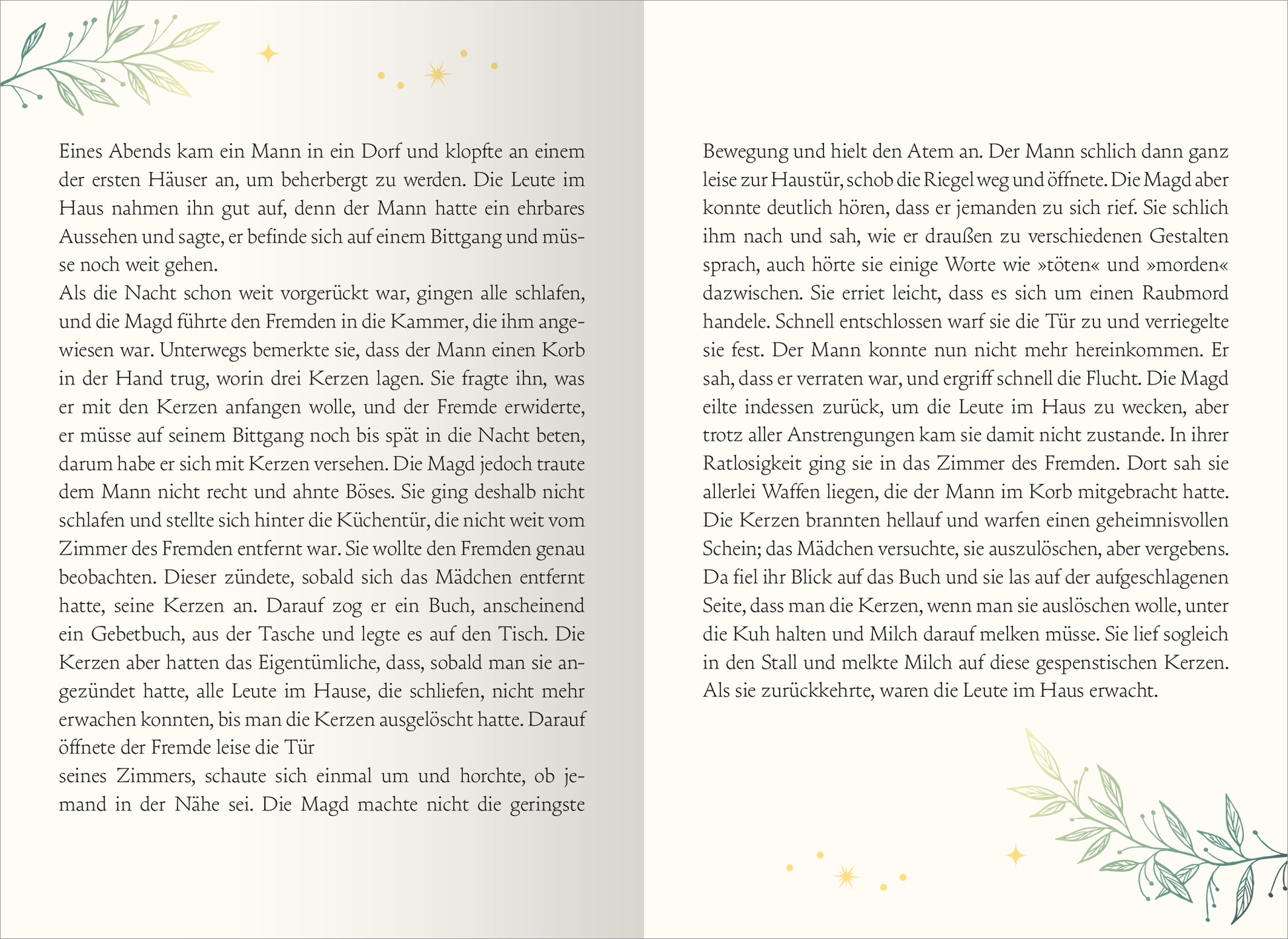 Gezeigt wird eine Innen- oder Zusatzansicht von „Von Raunächten und magischen Neuanfängen“. Die Seiten sind in sanften Farbtönen gehalten, mit zarten Illustrationen, die Pflanzenmotive zeigen. Der Text ist in einer klaren, gut lesbaren Serifenschrift gesetzt, die eine einladende Atmosphäre schafft. Die Anordnung der Elemente und die leichten, verspielten Designs unterstützen die erzählerische Wirkung und schaffen ein harmonisches Leseerlebnis.