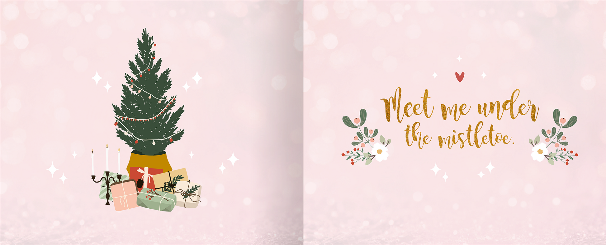 Gezeigt wird eine Innen- oder Zusatzansicht von „Tiny Love Moments“. Links befindet sich ein liebevoll gestalteter Weihnachtsbaum in Dunkelgrün, umgeben von bunten Geschenken in Pastellfarben. Rechts ist der Schriftzug „Meet me under the mistletoe“ in einer verspielten, goldenen Typografie abgebildet, umgeben von floralen Elementen in sanften Grüntönen. Der Hintergrund ist in zartem Rosa gehalten mit glitzernden Effekten, die eine festliche Atmosphäre schaffen.