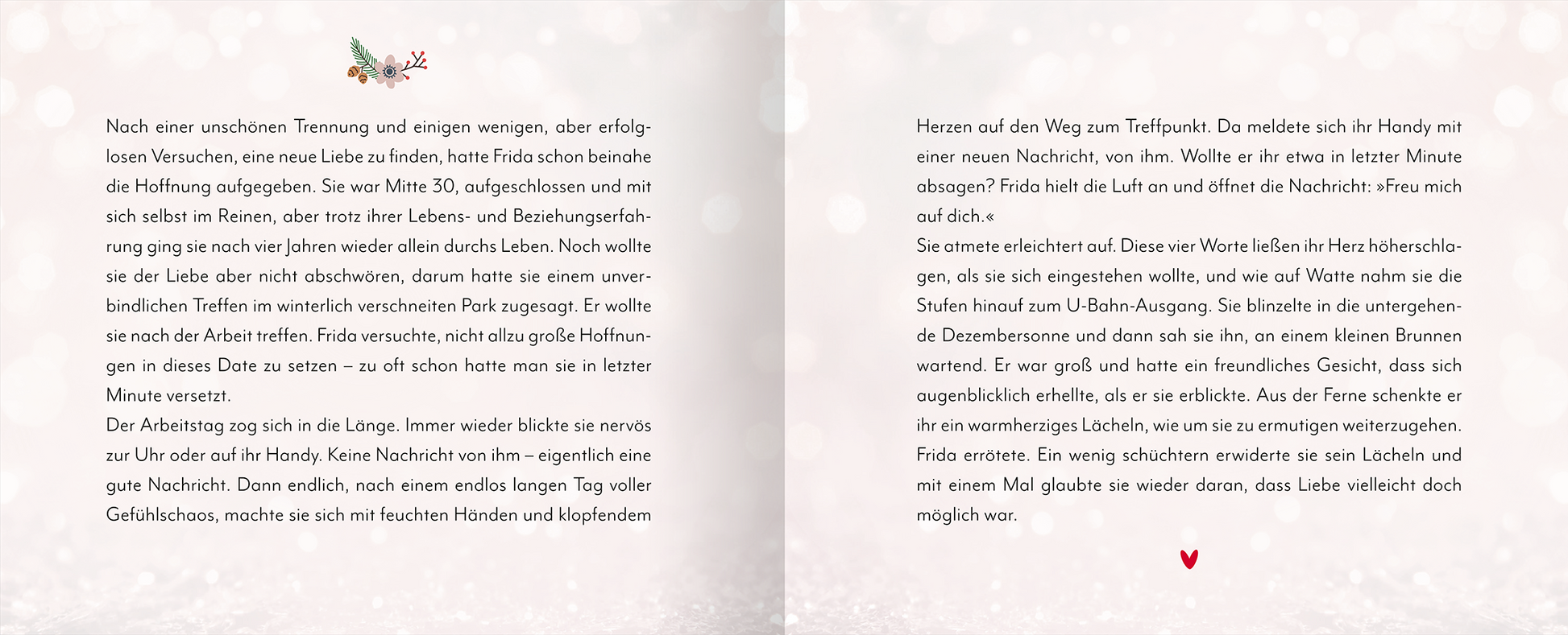 Gezeigt wird eine Innen- oder Zusatzansicht von „Tiny Love Moments“. Der Text ist auf hellem, sanft pastellfarbenem Hintergrund platziert, der eine warme, einladende Atmosphäre erzeugt. Die Schrift ist gut lesbar und in einer klaren, modernen Typografie gehalten. Oben sind zarte Illustrationen mit einem kleinen Vogel und einem Blatt zu sehen. Unten rechts befindet sich ein Herzsymbol, das die emotionale Tiefe des Textes unterstreicht.
