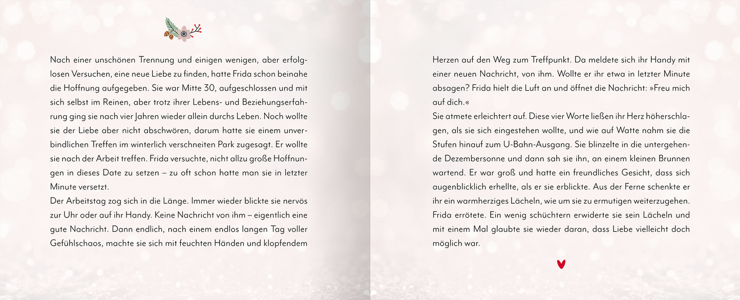Gezeigt wird eine Innen- oder Zusatzansicht von „Tiny Love Moments“. Der Text ist auf hellem, sanft pastellfarbenem Hintergrund platziert, der eine warme, einladende Atmosphäre erzeugt. Die Schrift ist gut lesbar und in einer klaren, modernen Typografie gehalten. Oben sind zarte Illustrationen mit einem kleinen Vogel und einem Blatt zu sehen. Unten rechts befindet sich ein Herzsymbol, das die emotionale Tiefe des Textes unterstreicht.