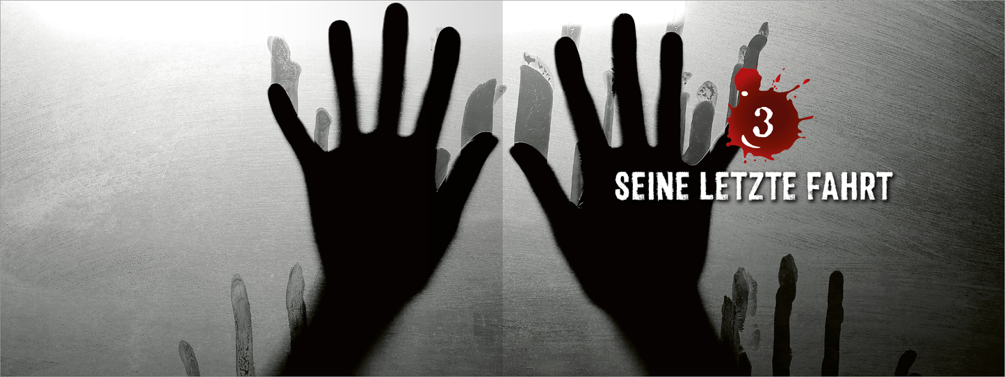 Gezeigt wird eine Innen- oder Zusatzansicht von „Tod mit Talblick“. Die Darstellung zeigt zwei schwarze Hände, die auf eine glatte Oberfläche drücken, umgeben von verschwommenen Handabdrücken. Im oberen Bereich steht die Zahl „3“ in einem roten angemuteten Blutfleck, begleitet von einem blutigen Spritzereffekt. Darunter befindet sich die Kapitelüberschrift „SEINE LETZTE FAHRT“ in klarer, weißer Schrift, die gut lesbar ist. Die Gesamtfarbpalette ist geprägt von Schwarz, Grau...
