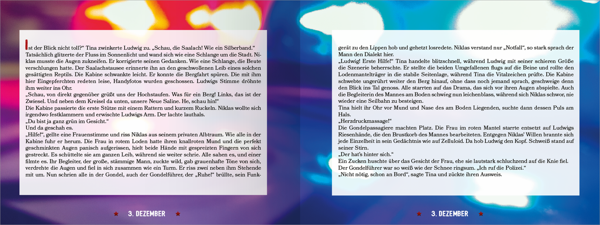 Gezeigt wird eine Innen- oder Zusatzansicht von „Tod mit Talblick“. Die Doppelseite präsentiert einen Hintergrund, der verschwommene Blaulichter der Polizei zeigt. Der Text ist in einer klaren Serifen-Schriftart gesetzt und in gut lesbarer, dunkler Farbe gehalten. Die Seiten sind strukturiert mit Datumshinweisen am unteren Rand.