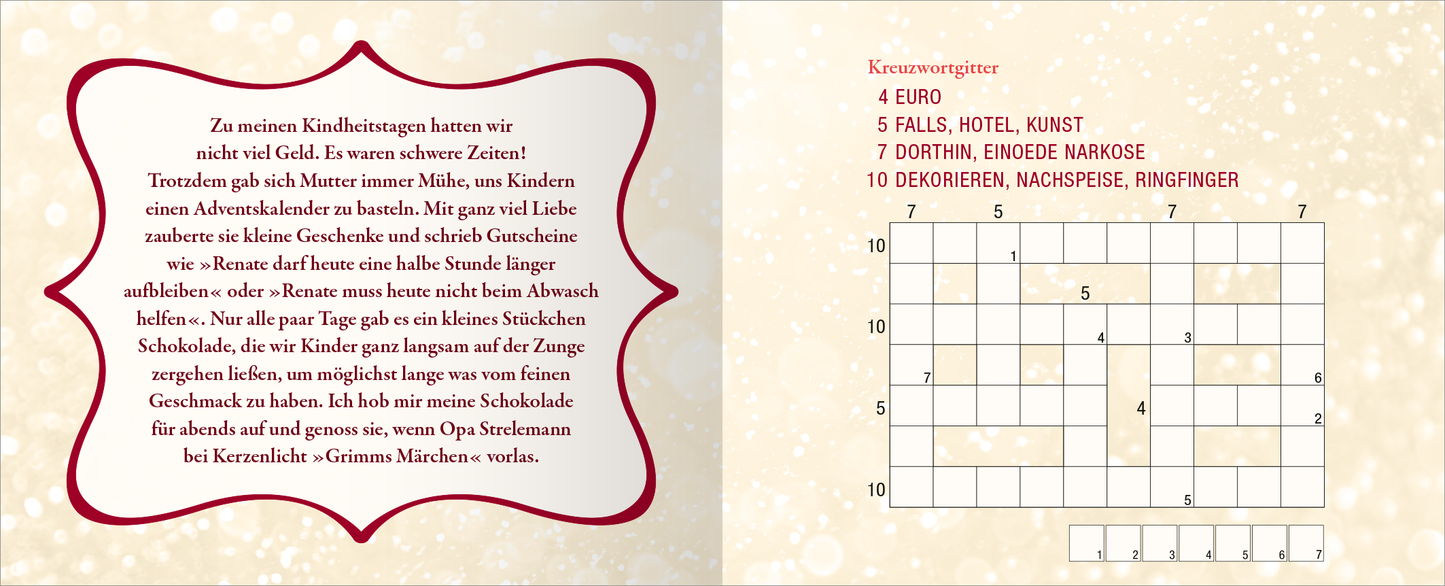 Gezeigt wird eine Innen- oder Zusatzansicht von „Glühwein ohne Schuss ist wie Weihnachten ohne Lametta“. Die Seite zeigt einen hellen, festlichen Hintergrund mit goldenem Glitzer. Links befindet sich ein rotes, geschwungenes Textfeld mit schwarzer Schrift, das persönliche Erinnerungen schildert. Rechts ist ein Kreuzworträtsel abgebildet mit nummerierten Feldern und einem engen Raster. Die Schrift ist klar und gut lesbar, um den Lesefluss zu unterstützen.
