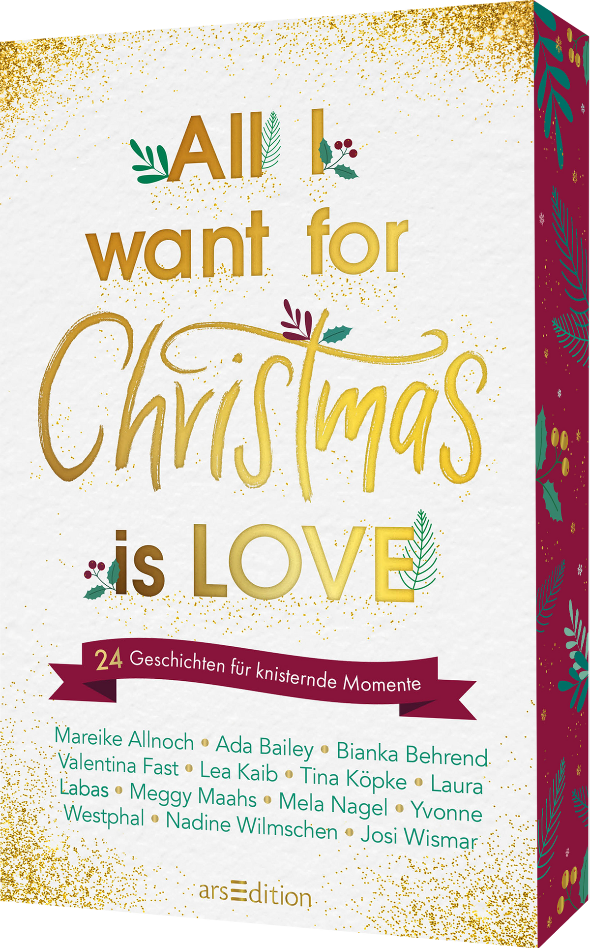 Das Cover von „All I want for Christmas is Love“ hat einen hellen Hintergrund mit goldenen Sprenkeln. Der Titel ist in einer Kombination aus gedruckter und geschwungener goldener Schrift gestaltet. Diese ist mit kleinen weihnachtlichen Verzierungen wie grünen Zweigen und roten Beeren umrandet. Darunter befindet sich ein rotes Banner mit der Aufschrift „24 Geschichten für knisternde Momente“. Am unteren Rand stehen die Namen der beteiligten Autorinnen. Ganz unten mittig steht der...