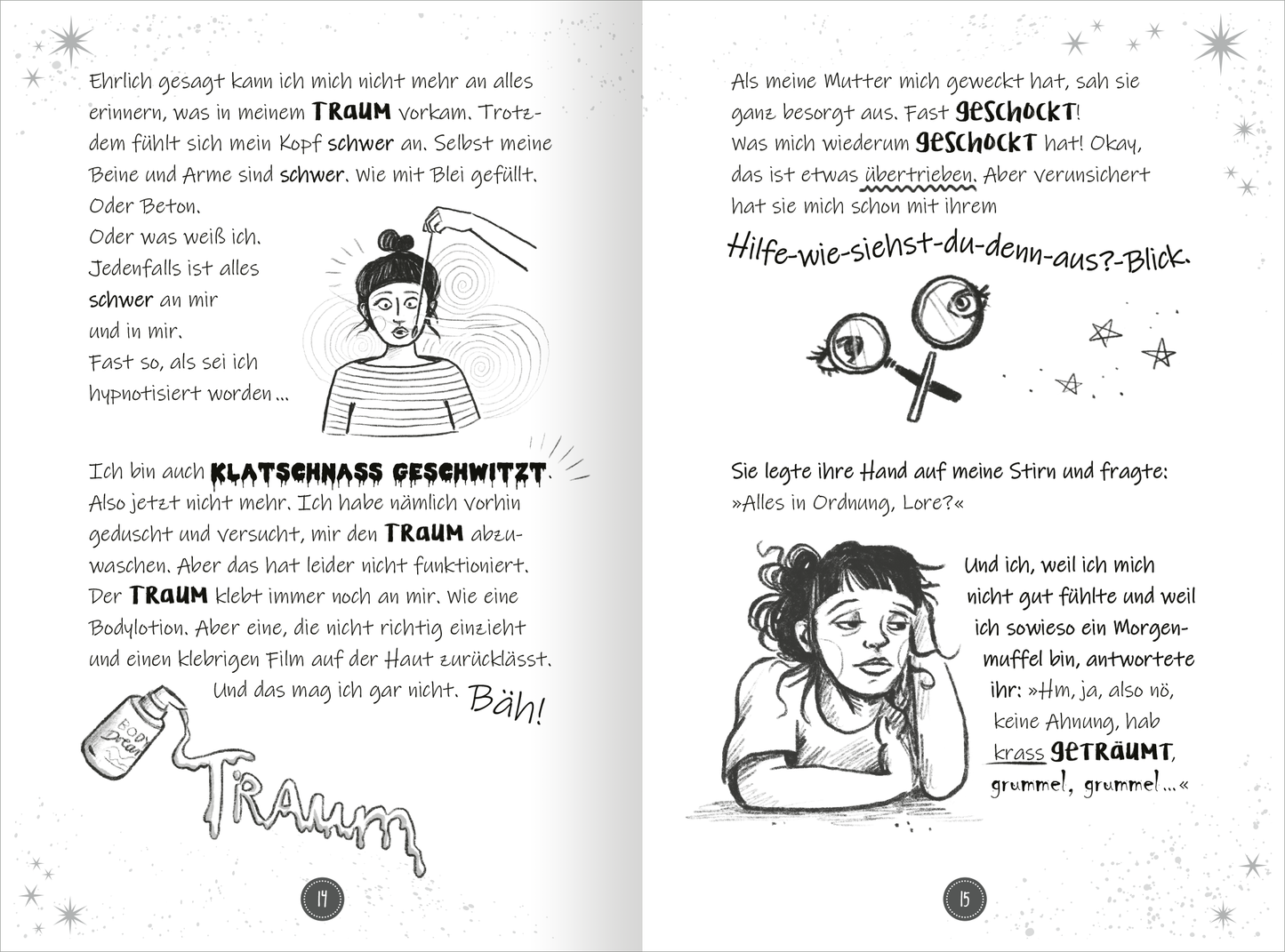 Gezeigt wird eine Innen- oder Zusatzansicht von „PS: Du bist ein Traum!“. Die Seite enthält schwarz-weiße Illustrationen, die müde Figuren mit verwirrtem Gesichtsausdruck zeigen. Die Texte sind in klarer, handschriftlicher Typografie gehalten, wobei wichtige Wörter wie „Traum“ und „Schock“ hervorgehoben sind. Der Hintergrund wird von zarten, sternenförmigen Ornamenten begleitet.