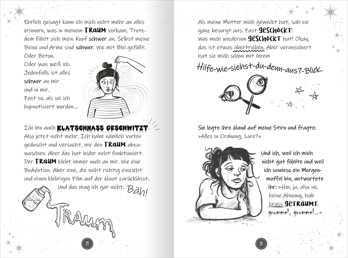Gezeigt wird eine Innen- oder Zusatzansicht von „PS: Du bist ein Traum!“. Die Seite enthält schwarz-weiße Illustrationen, die müde Figuren mit verwirrtem Gesichtsausdruck zeigen. Die Texte sind in klarer, handschriftlicher Typografie gehalten, wobei wichtige Wörter wie „Traum“ und „Schock“ hervorgehoben sind. Der Hintergrund wird von zarten, sternenförmigen Ornamenten begleitet.