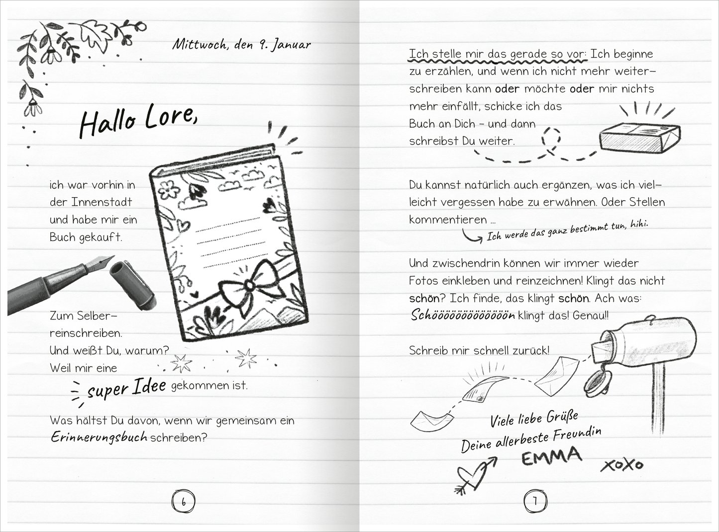 Gezeigt wird eine Innen- oder Zusatzansicht von „PS: Du bist ein Geschenk!“. Die Seite zeigt ein eingeklebtes Foto. Die Illustration ist in Schwarz-Weiß gehalten und wird von handschriftlichen Texten in verschiedenen Schriftarten begleitet. Auffällig sind die Ausrufe mit großen Buchstaben. Neben dem Foto sind auch kleine grafische Elemente wie Geschenke und Kleidung abgebildet.