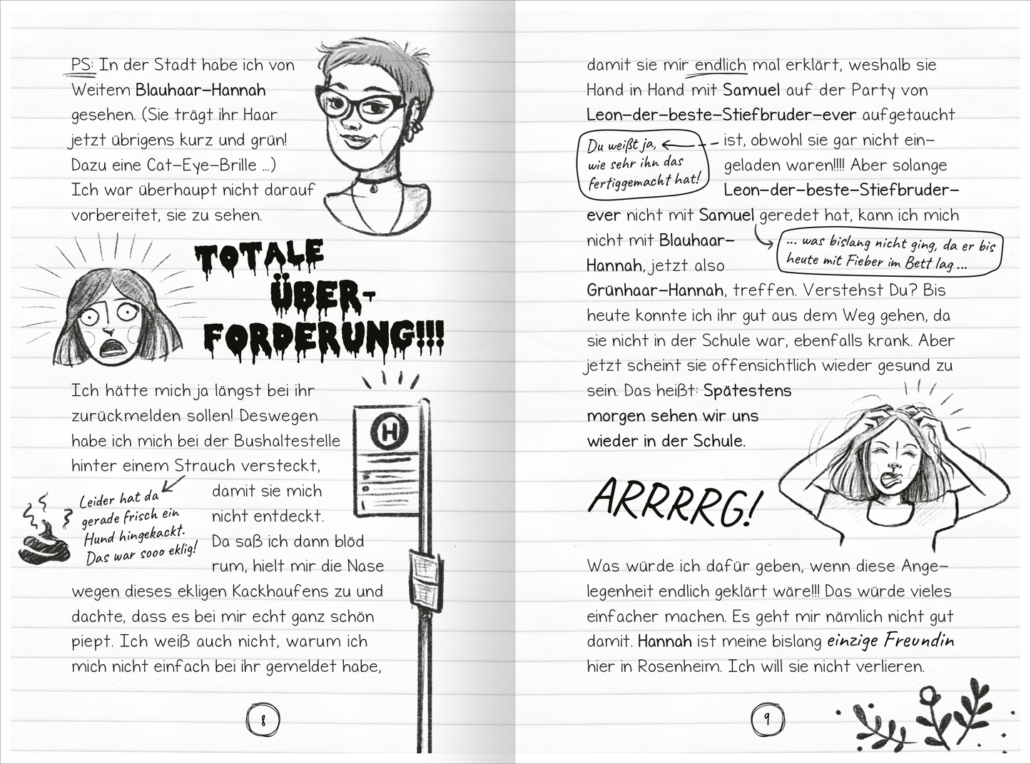 Gezeigt wird eine Innen- oder Zusatzansicht von „PS: Du bist ein Geschenk!“. Die Seiten zeigen handgezeichnete Illustrationen und skizzierte Charaktere in Schwarz-Weiß. Auf der linken Seite befindet sich eine Sprechblase mit dem Text „TOTALE ÜBER-FORDERUNG!!!“ in einer markanten, großen Schrift. Die Schriftart ist verspielt und dynamisch. Auf der rechten Seite zeigt eine Figur mit erhobenen Händen ein Gefühl der Verzweiflung, umgeben von informellen Notizen und Dialogen. Die...