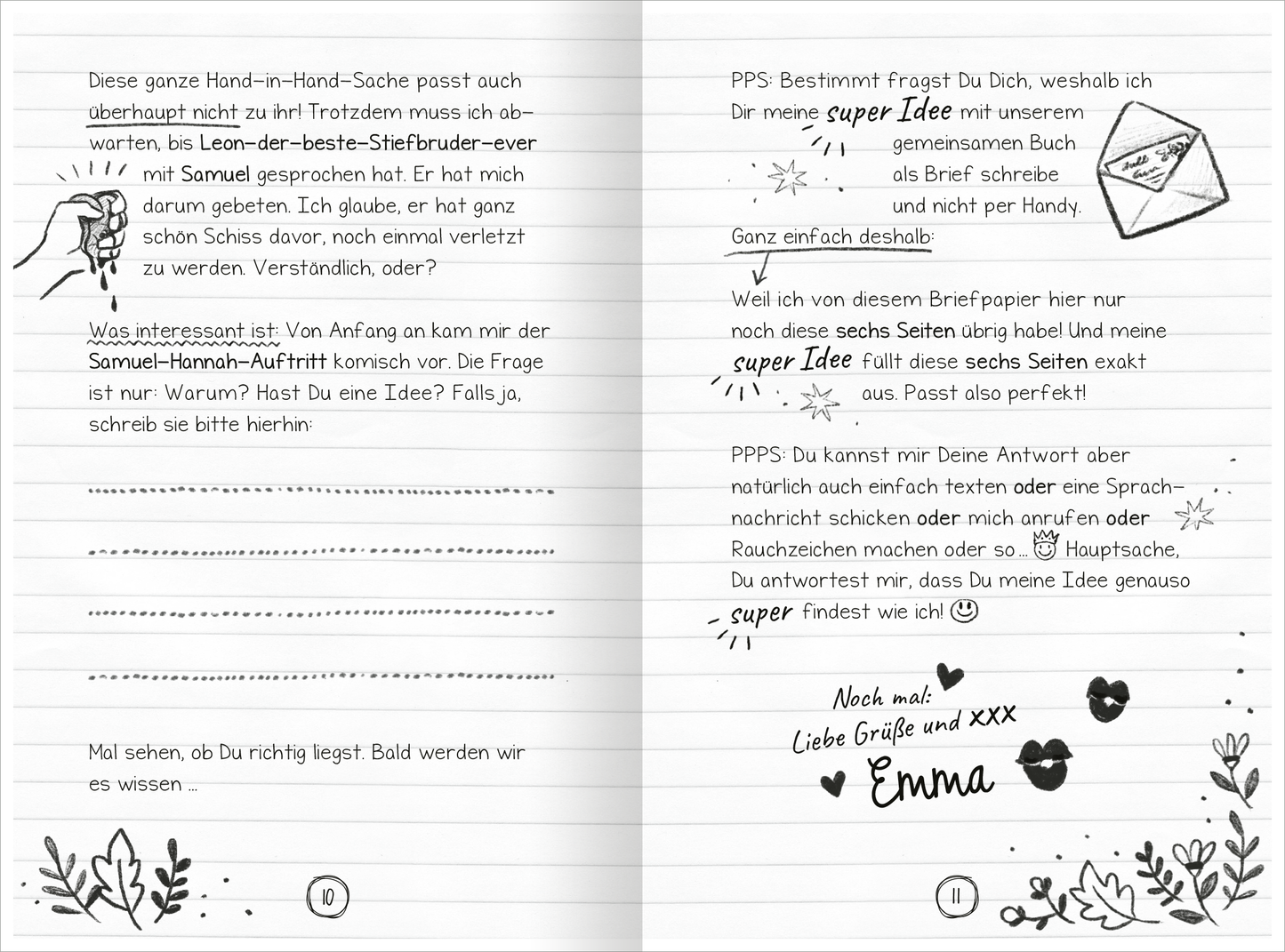 Gezeigt wird eine Innen- oder Zusatzansicht von „PS: Du bist ein Geschenk!“. Die Doppelseite enthält handschriftliche Notizen auf kariertem Hintergrund, überwiegend in Schwarz. Textabschnitte sind deutlich voneinander getrennt, die Zeilen sind gleichmäßig und gut lesbar. Verspielt illustrierte Elemente wie kleine Zeichnungen von Blättern, einem Briefumschlag und stilisierten Sternen ergänzen die Seite. Die Farbgestaltung ist minimalistisch, mit einem Fokus auf Weiß für den...